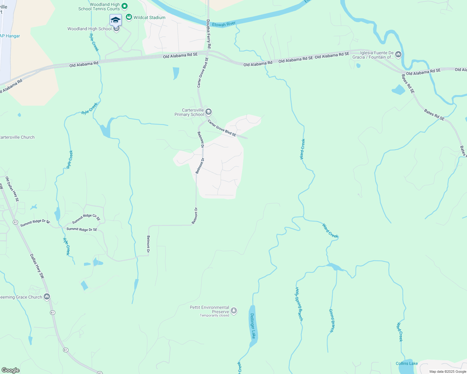 map of restaurants, bars, coffee shops, grocery stores, and more near 7 Bluff Court in Cartersville