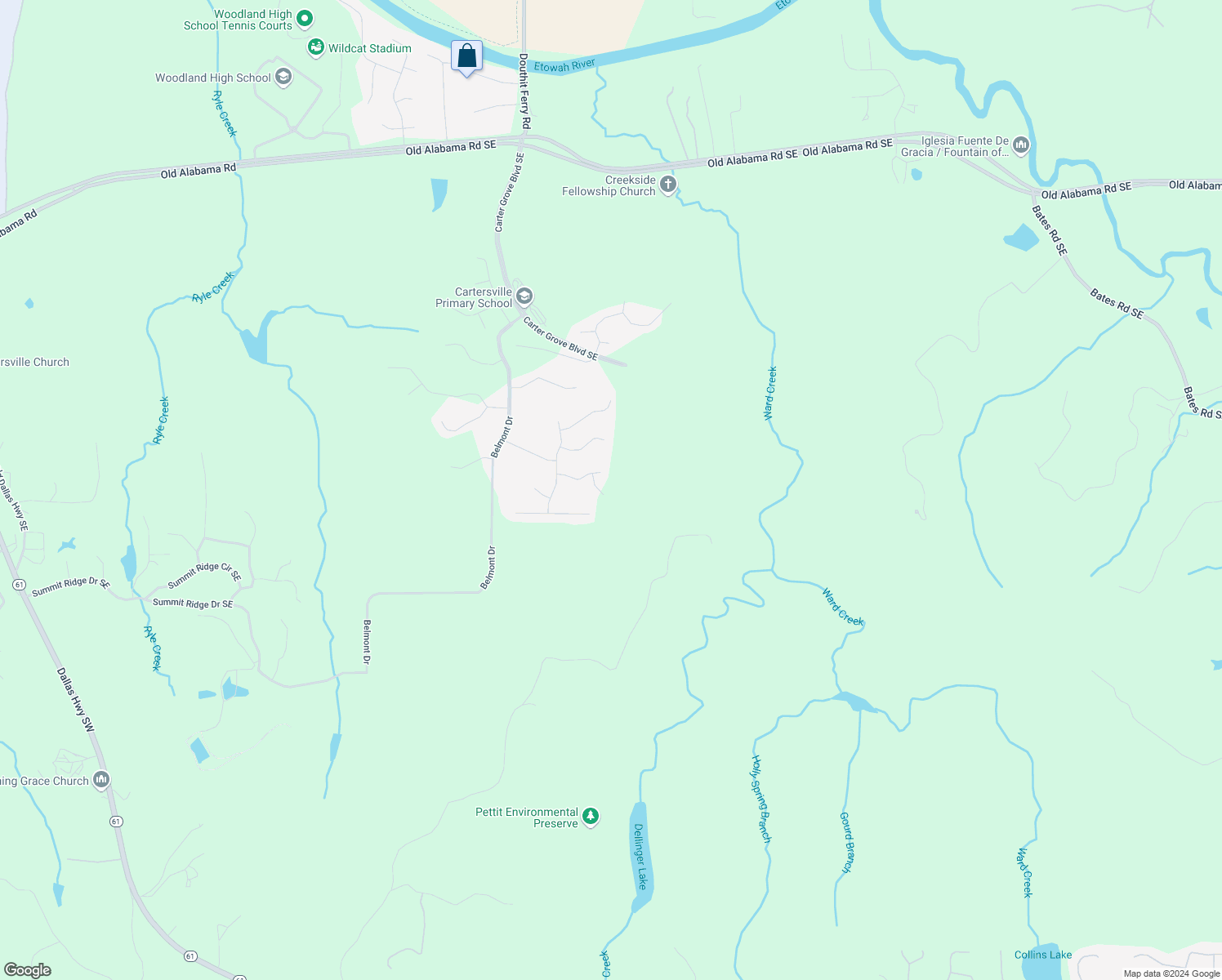 map of restaurants, bars, coffee shops, grocery stores, and more near 8 Bluff Court in Cartersville