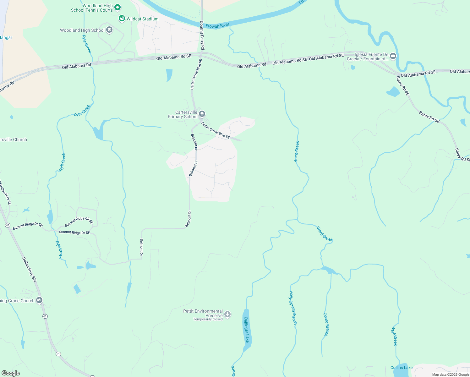map of restaurants, bars, coffee shops, grocery stores, and more near 8 Bluff Court in Cartersville
