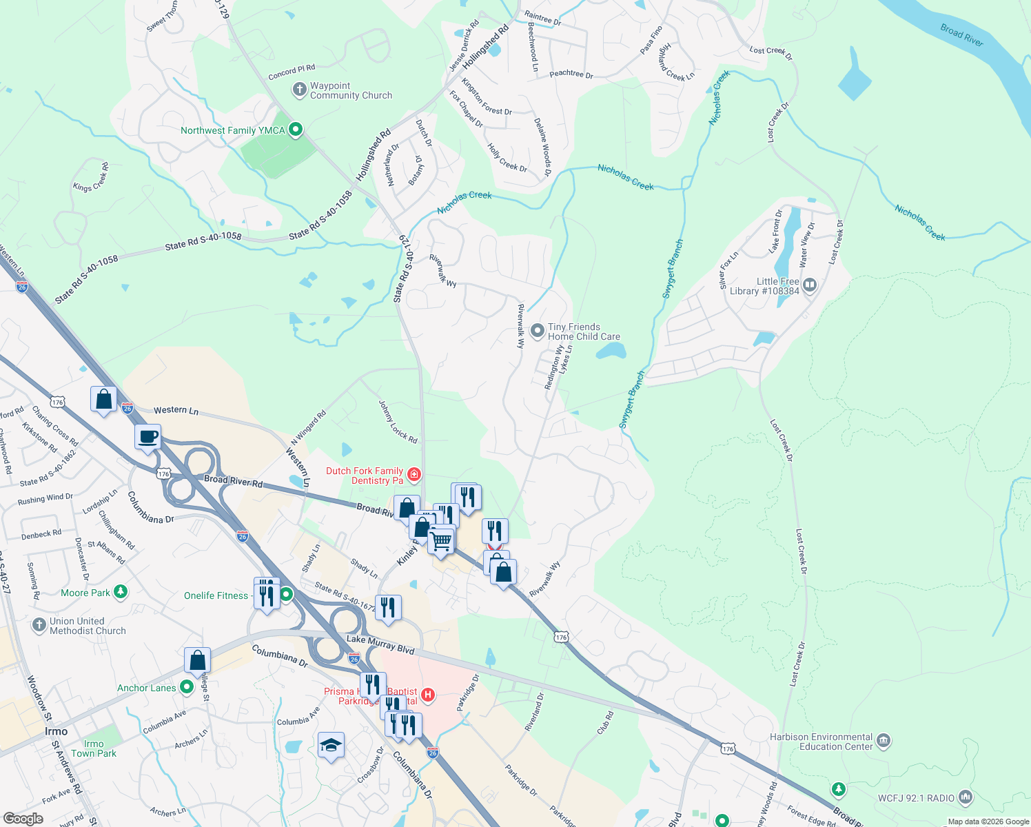 map of restaurants, bars, coffee shops, grocery stores, and more near 708 Riverwalk Way in Irmo