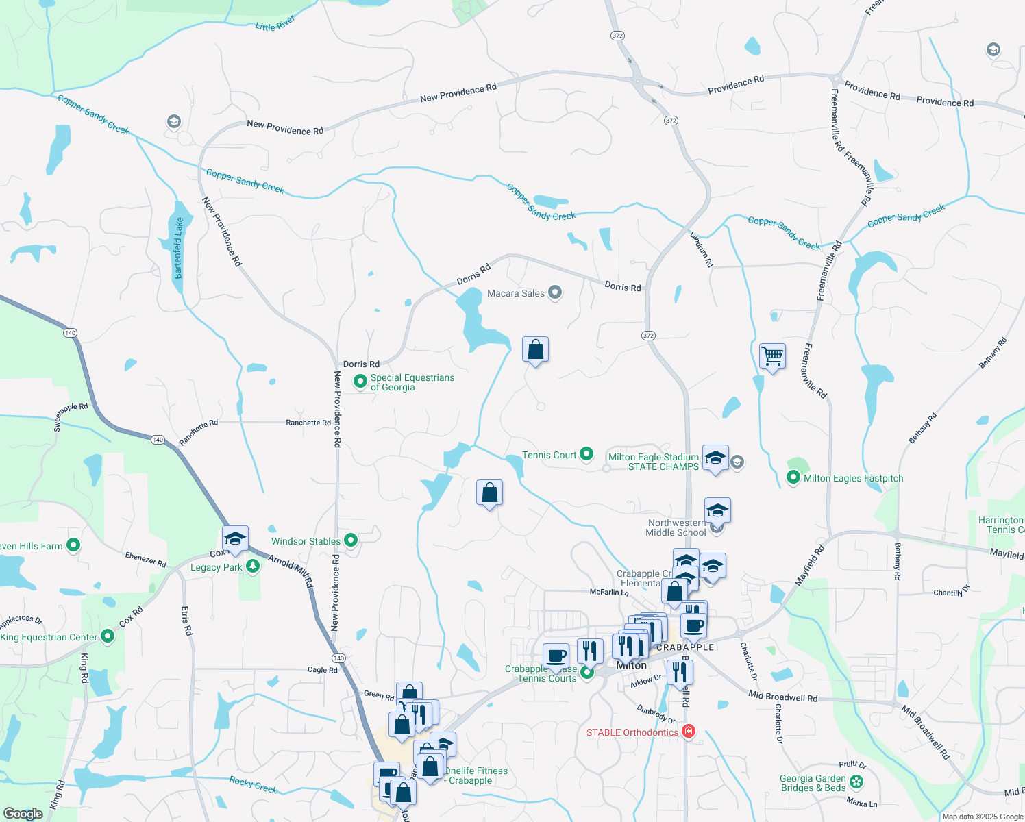 map of restaurants, bars, coffee shops, grocery stores, and more near 845 Owens Lake Road in Alpharetta