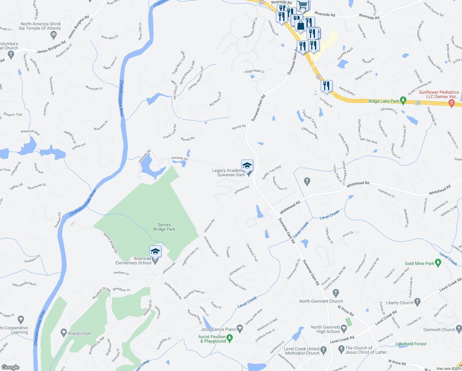 map of restaurants, bars, coffee shops, grocery stores, and more near 5722 Ashleigh Walk Drive Northwest in Suwanee