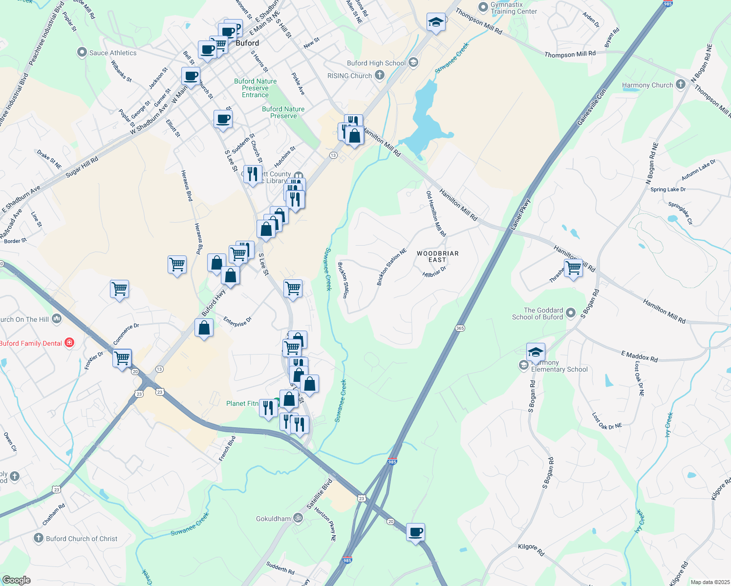 map of restaurants, bars, coffee shops, grocery stores, and more near 4399 Depot Ridge Ct in Buford