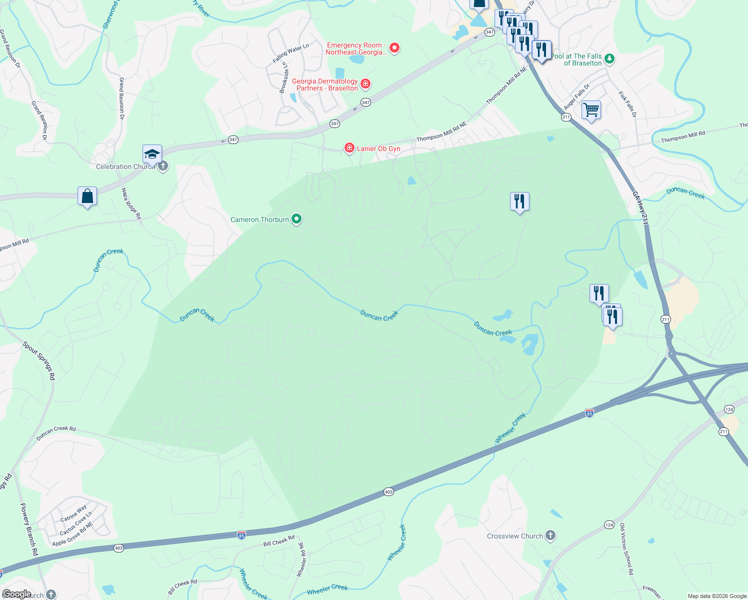 map of restaurants, bars, coffee shops, grocery stores, and more near 5941 Yoshino Cherry Lane Northeast in Braselton