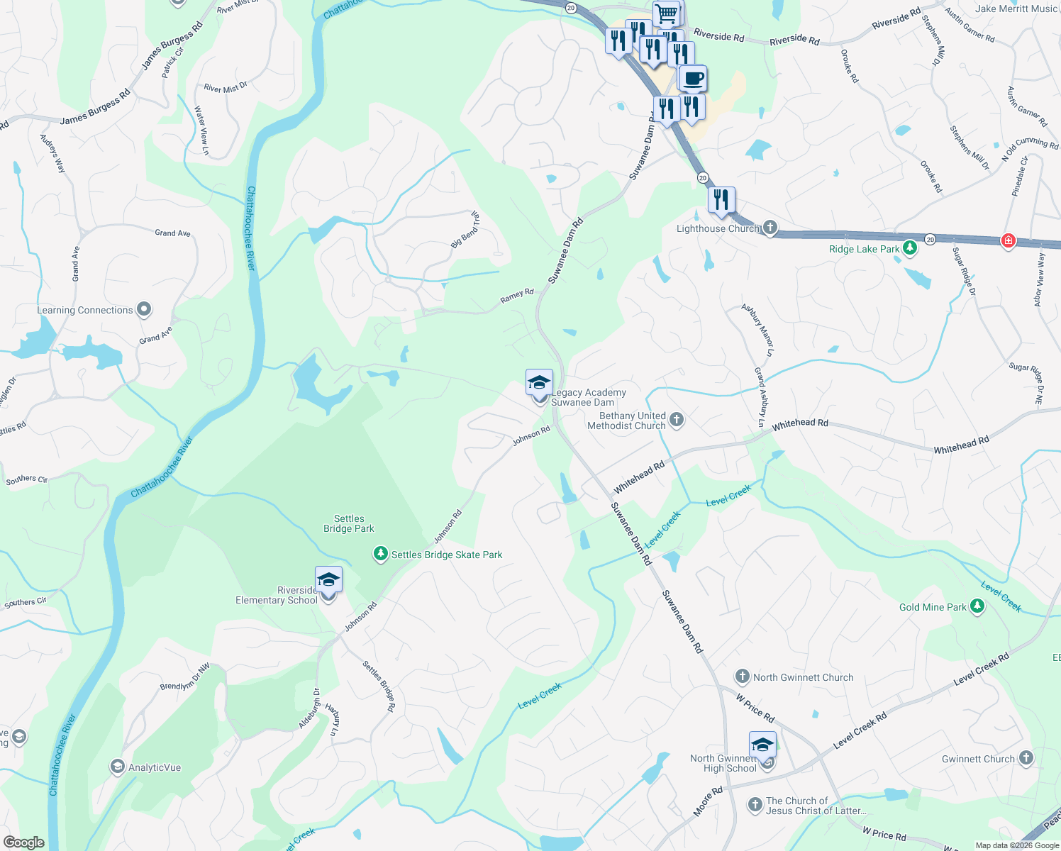 map of restaurants, bars, coffee shops, grocery stores, and more near 5812 Ashleigh Walk Drive Northwest in Suwanee