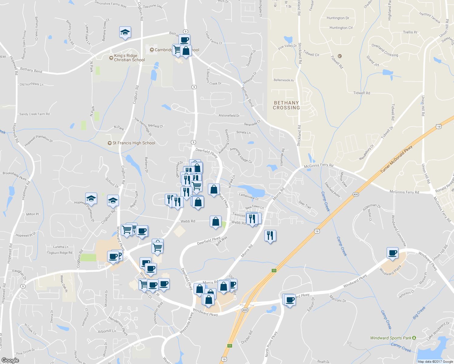 map of restaurants, bars, coffee shops, grocery stores, and more near Highway 9 in Alpharetta