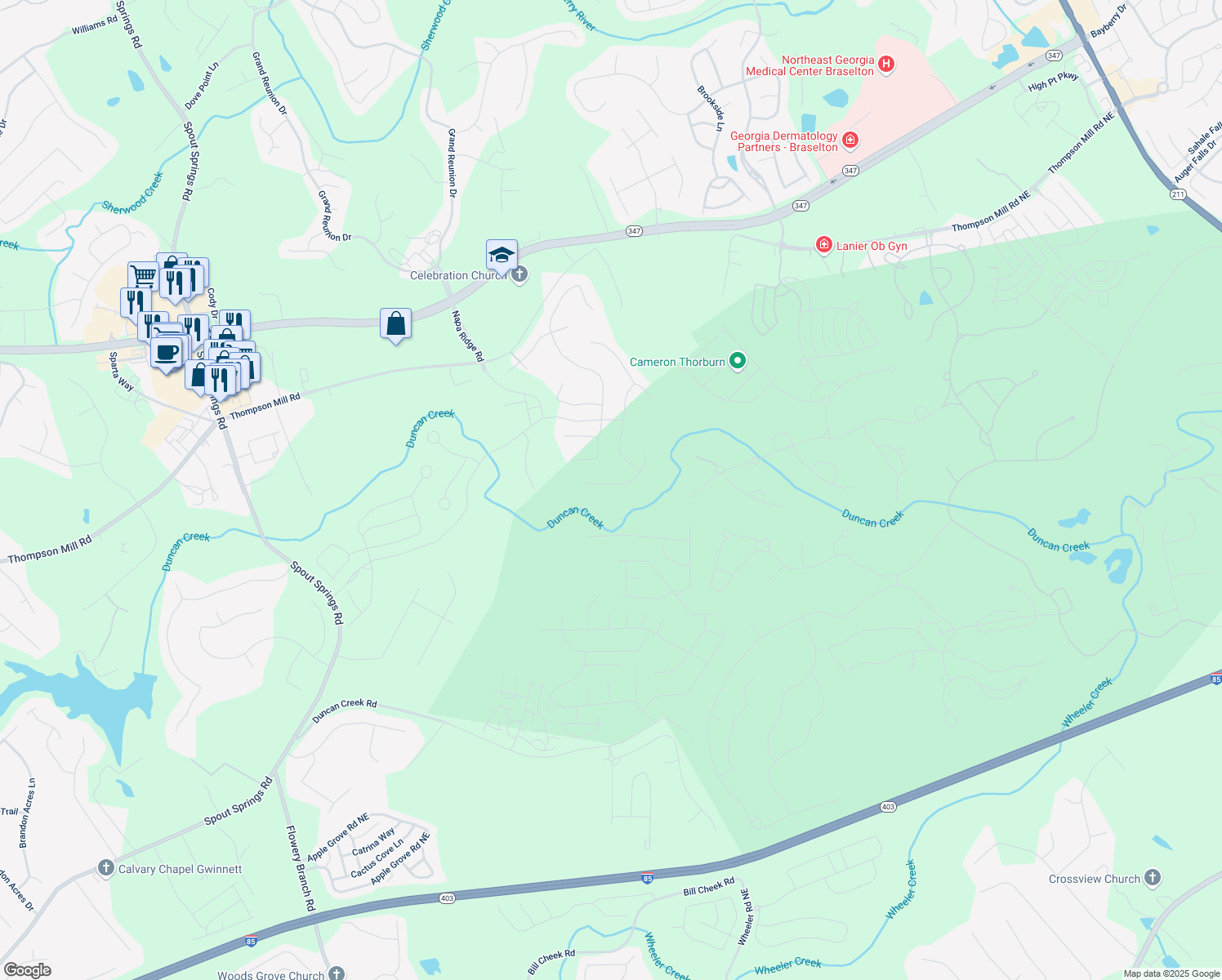 map of restaurants, bars, coffee shops, grocery stores, and more near 5744 Cypress Bluff Lane in Hoschton