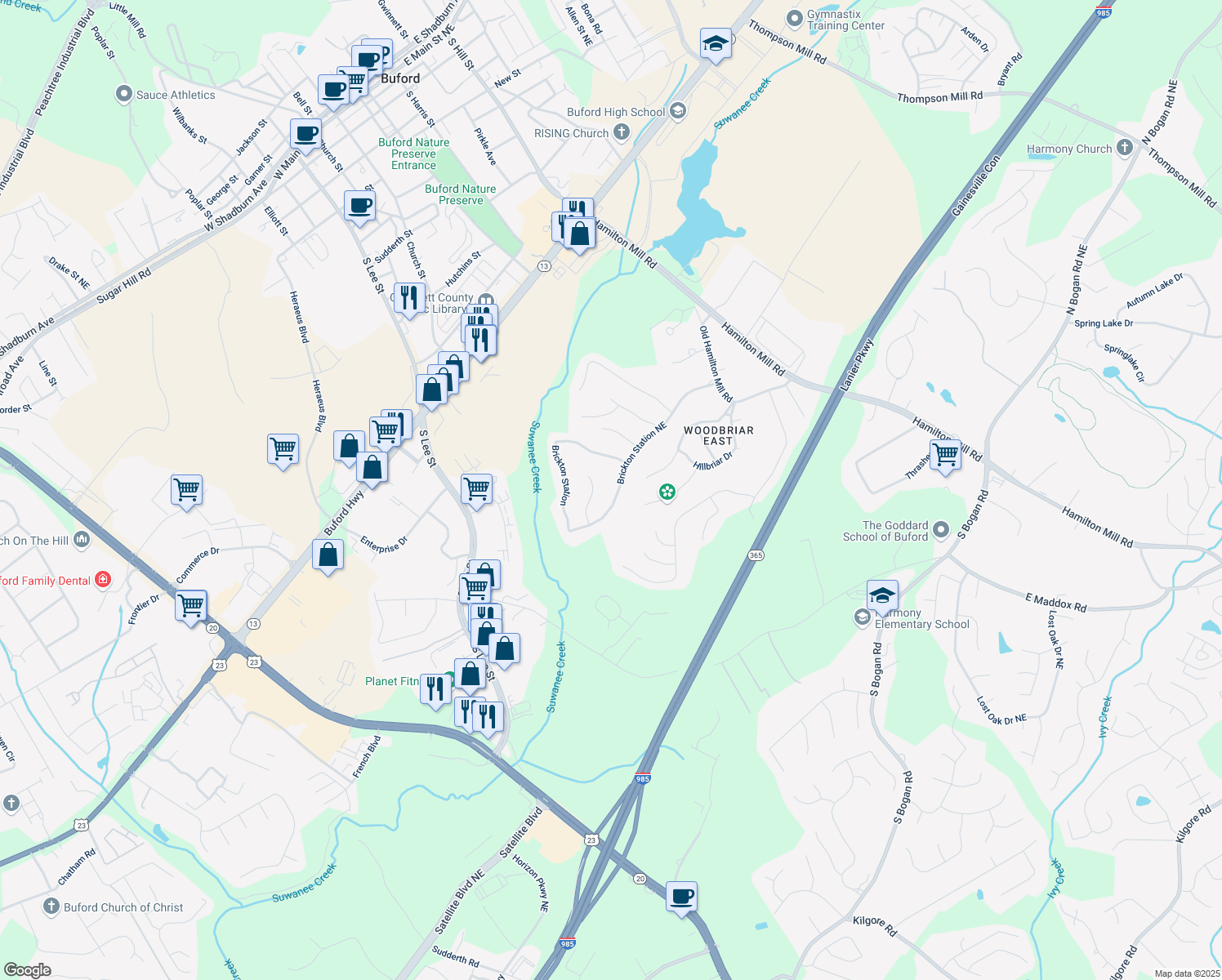 map of restaurants, bars, coffee shops, grocery stores, and more near 4399 Depot Ridge Court in Buford