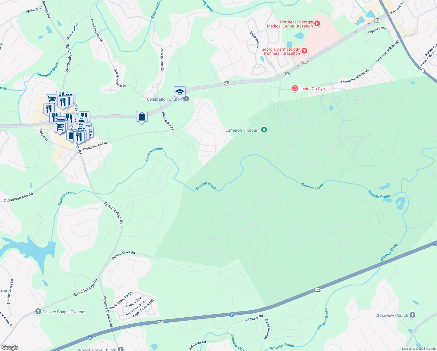 map of restaurants, bars, coffee shops, grocery stores, and more near 5744 Cypress Bluff Lane in Hoschton
