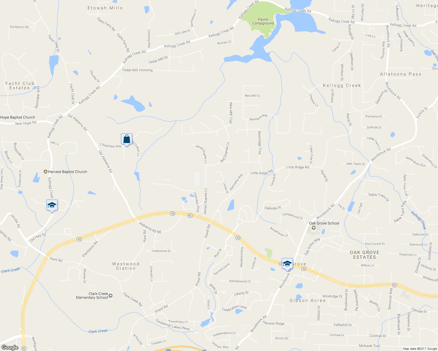 map of restaurants, bars, coffee shops, grocery stores, and more near 113 Lucas Dr in Acworth