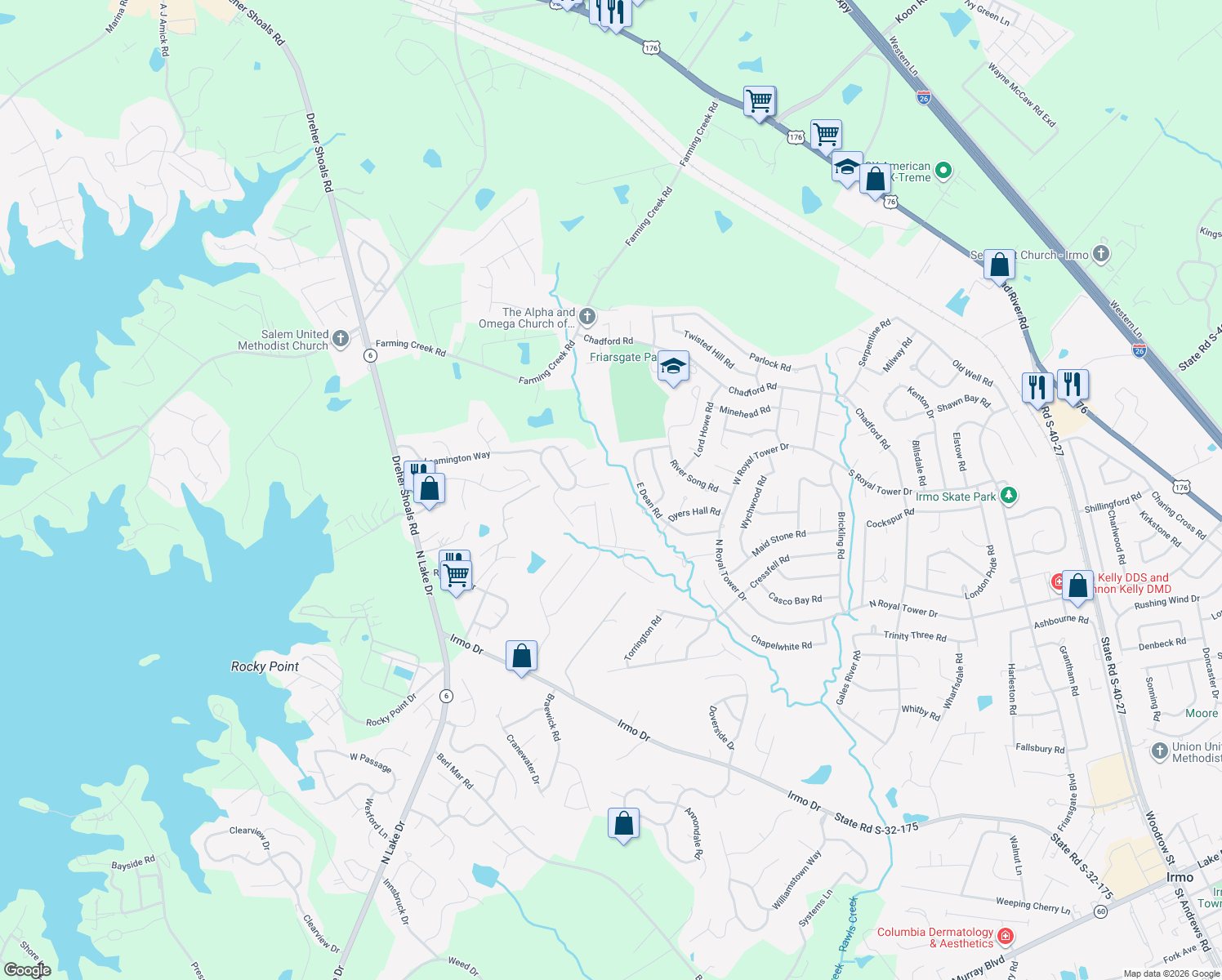 map of restaurants, bars, coffee shops, grocery stores, and more near 14 Waterside Court in Irmo