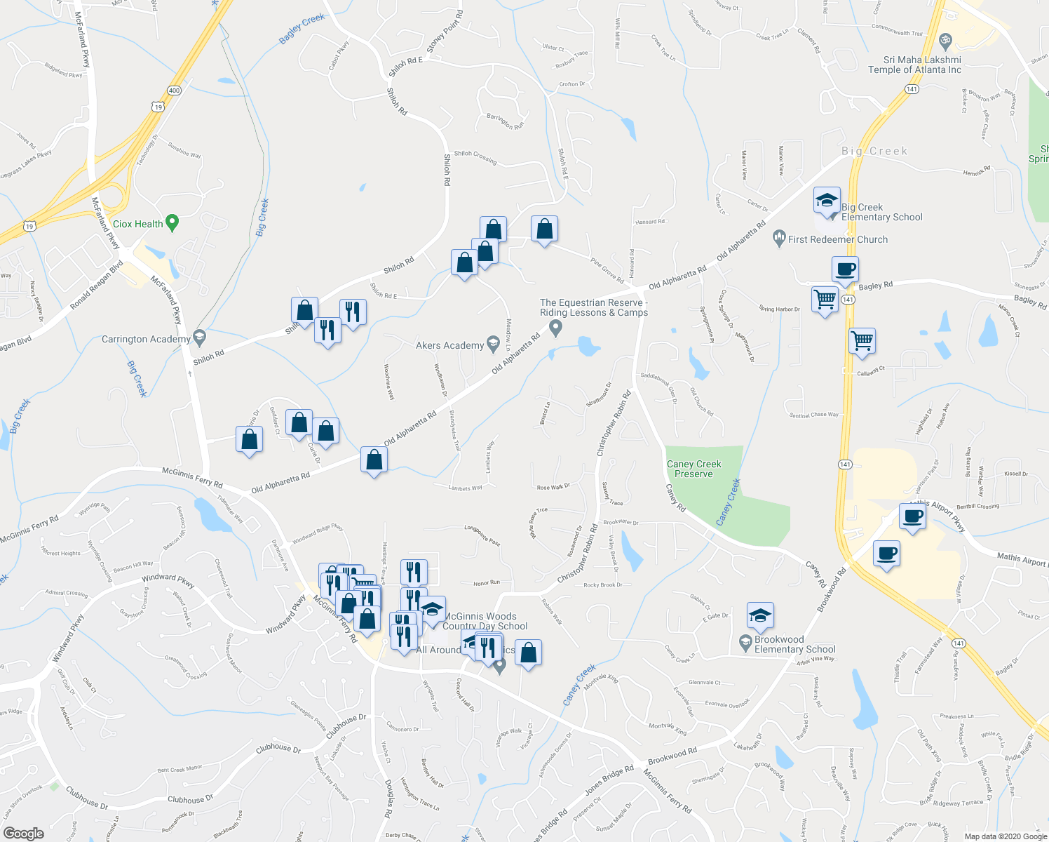 map of restaurants, bars, coffee shops, grocery stores, and more near 3230 Munsey Court in Cumming