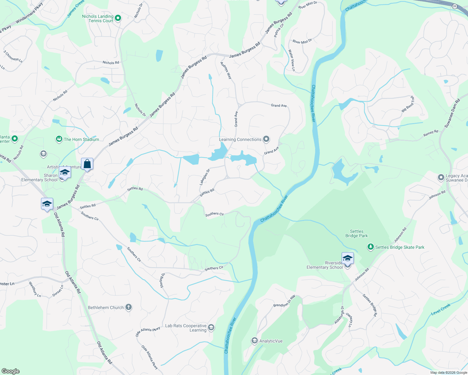 map of restaurants, bars, coffee shops, grocery stores, and more near 745 Riverhaven Drive in Suwanee