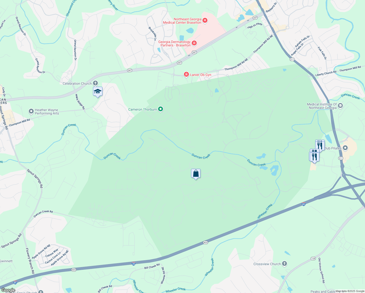 map of restaurants, bars, coffee shops, grocery stores, and more near 5861 Yoshino Cherry Lane Northeast in Braselton