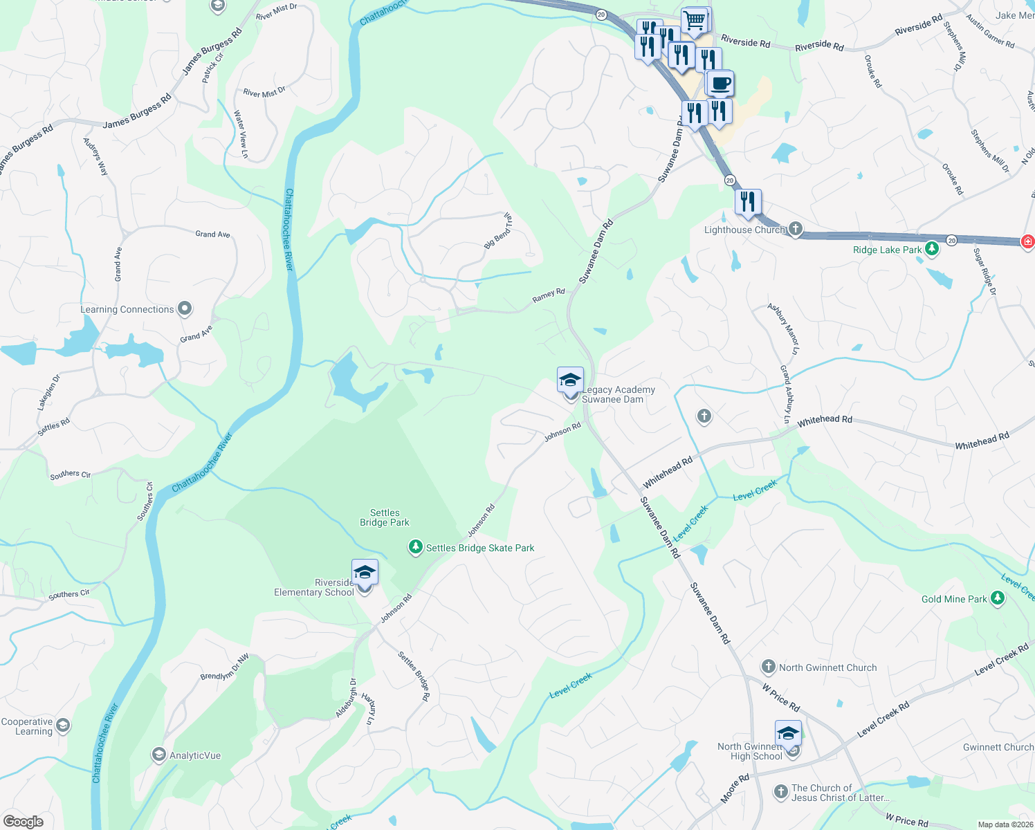 map of restaurants, bars, coffee shops, grocery stores, and more near 5677 Ashleigh Walk Drive Northwest in Suwanee