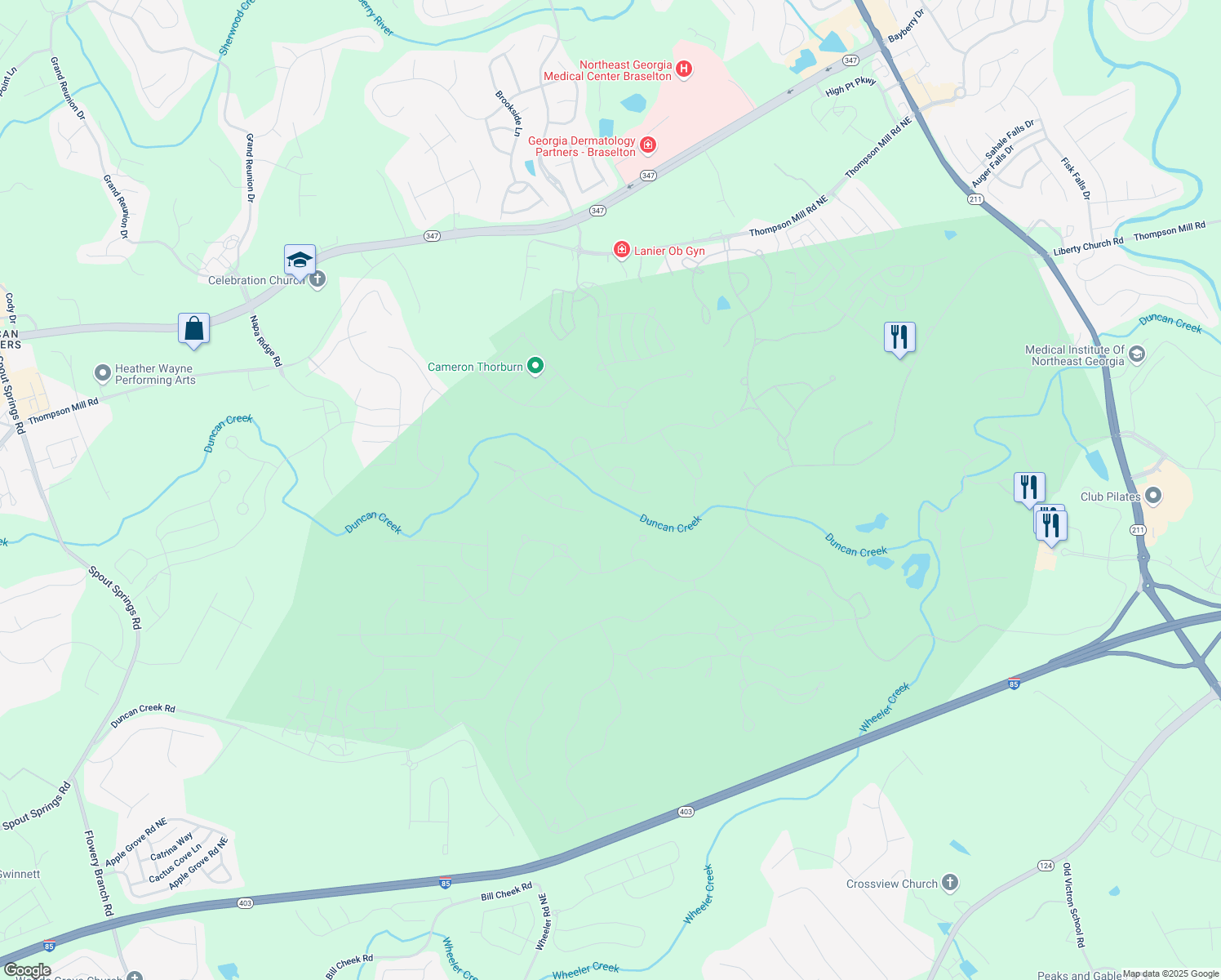 map of restaurants, bars, coffee shops, grocery stores, and more near 5861 Yoshino Cherry Lane Northeast in Braselton
