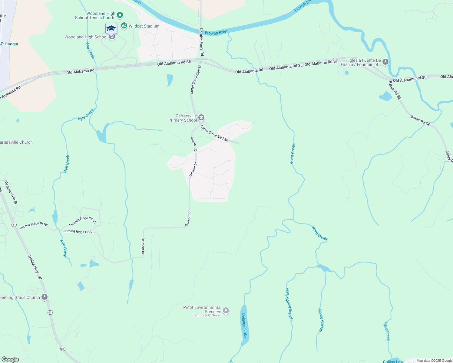map of restaurants, bars, coffee shops, grocery stores, and more near 14 Brownwood Drive in Cartersville