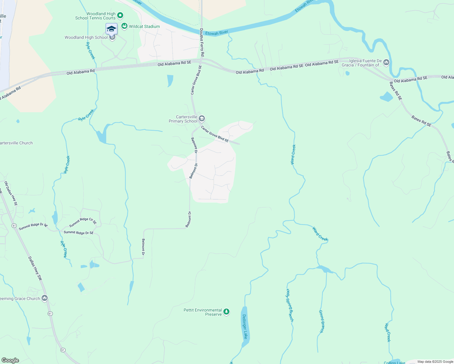 map of restaurants, bars, coffee shops, grocery stores, and more near 14 Brownwood Drive in Cartersville