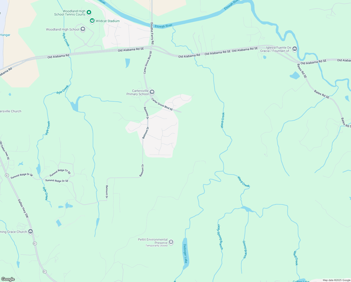 map of restaurants, bars, coffee shops, grocery stores, and more near 18 Brownwood Drive in Cartersville