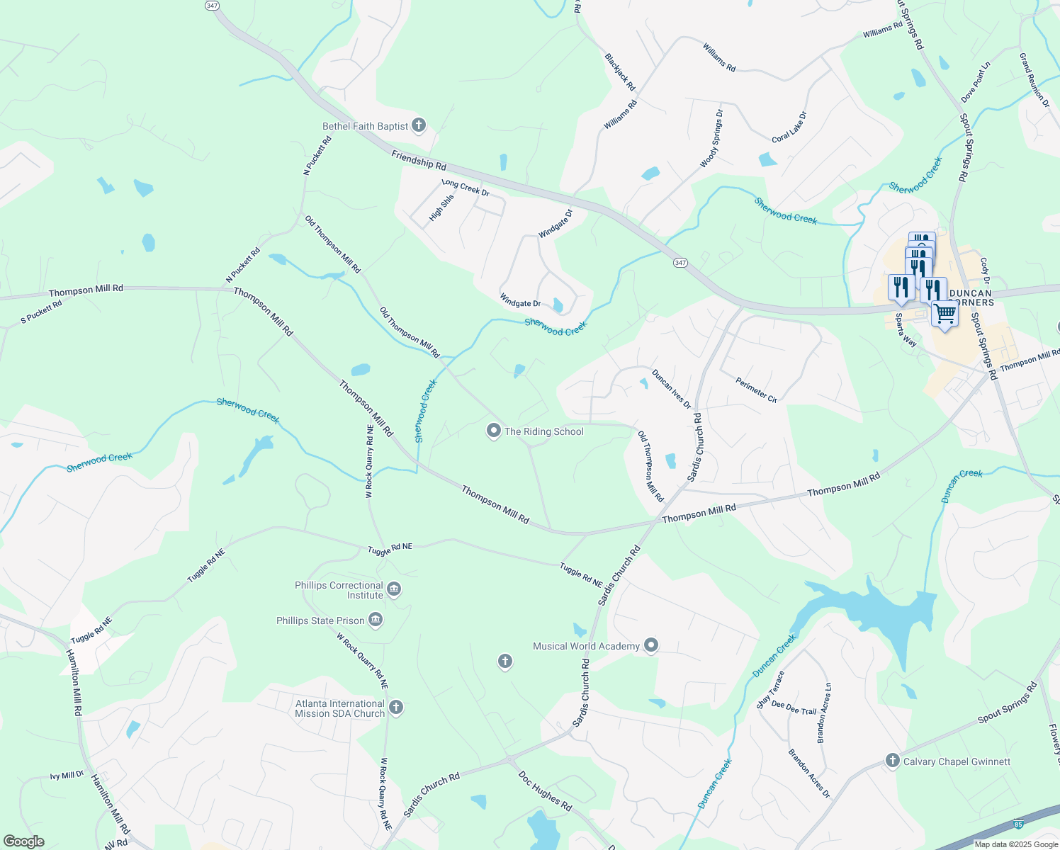 map of restaurants, bars, coffee shops, grocery stores, and more near 4201 Hosch Reserve Drive in Buford