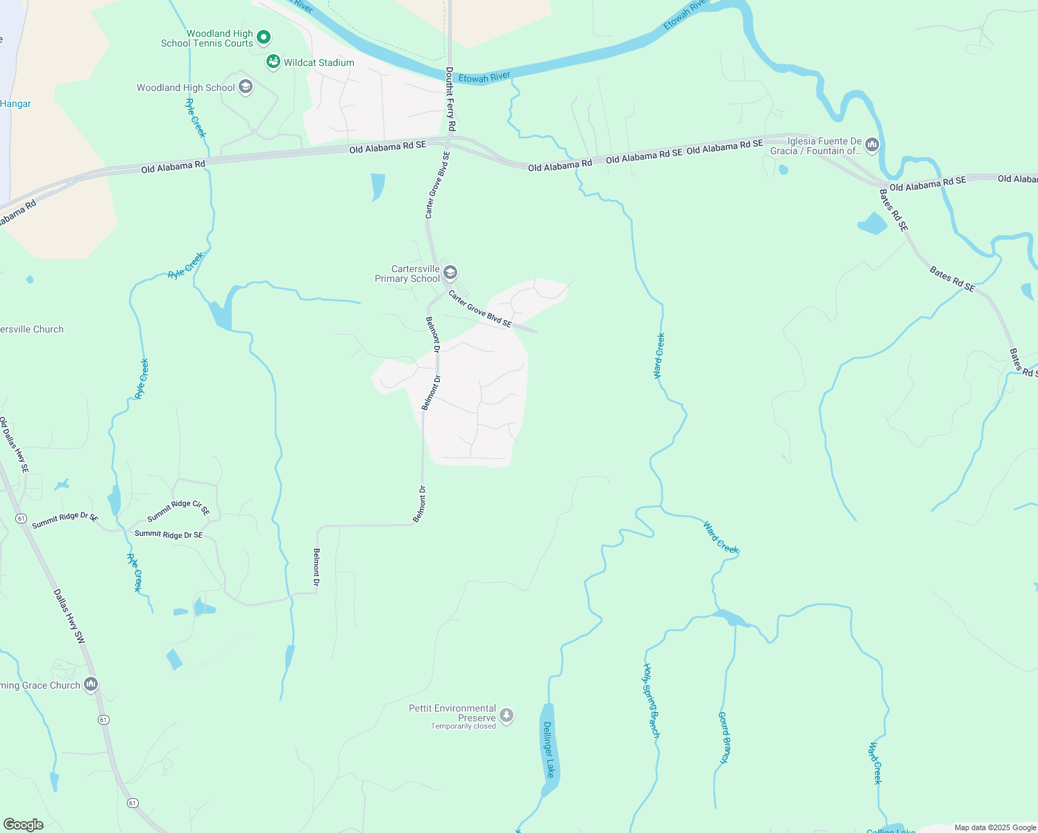 map of restaurants, bars, coffee shops, grocery stores, and more near 18 Brownwood Drive in Cartersville