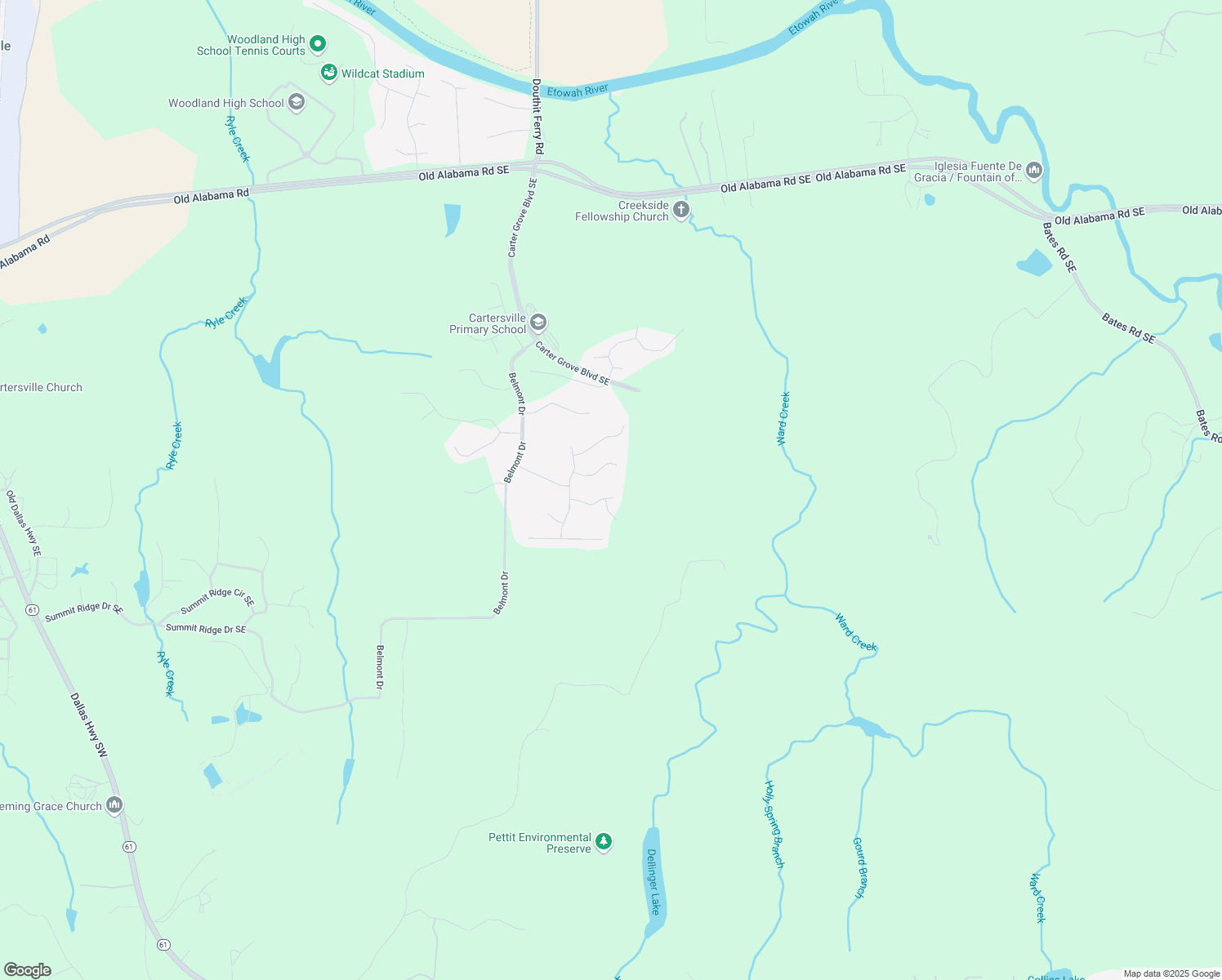 map of restaurants, bars, coffee shops, grocery stores, and more near 16 Brownwood Drive in Cartersville