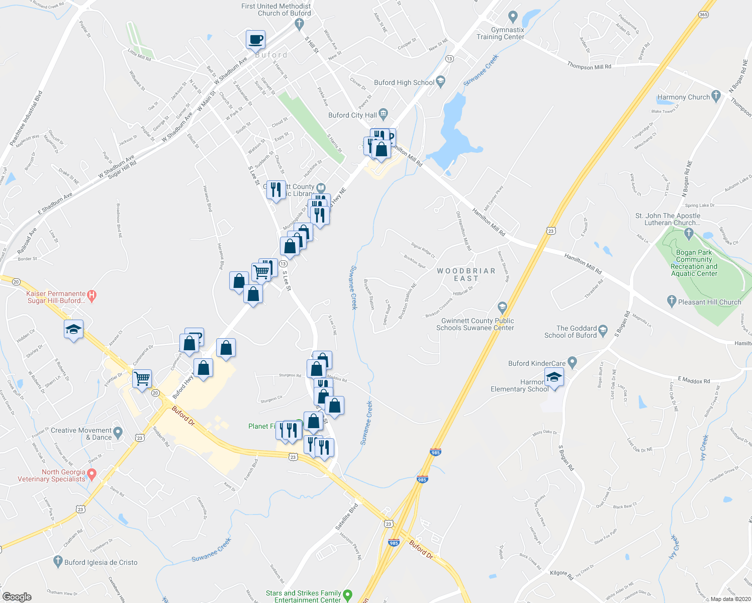 map of restaurants, bars, coffee shops, grocery stores, and more near 1840 Brickton Station in Buford