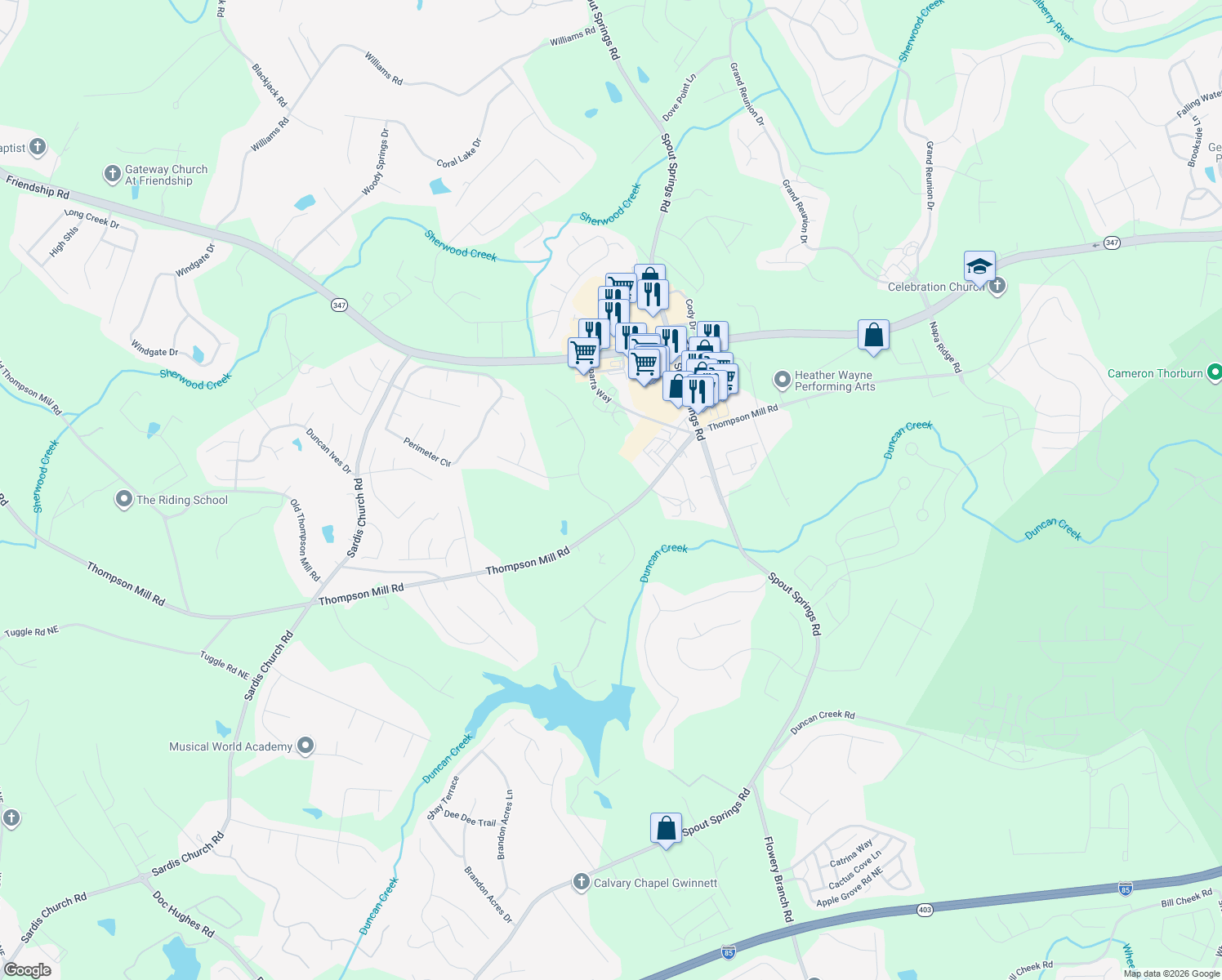 map of restaurants, bars, coffee shops, grocery stores, and more near 2616 White Rock Dr in Buford