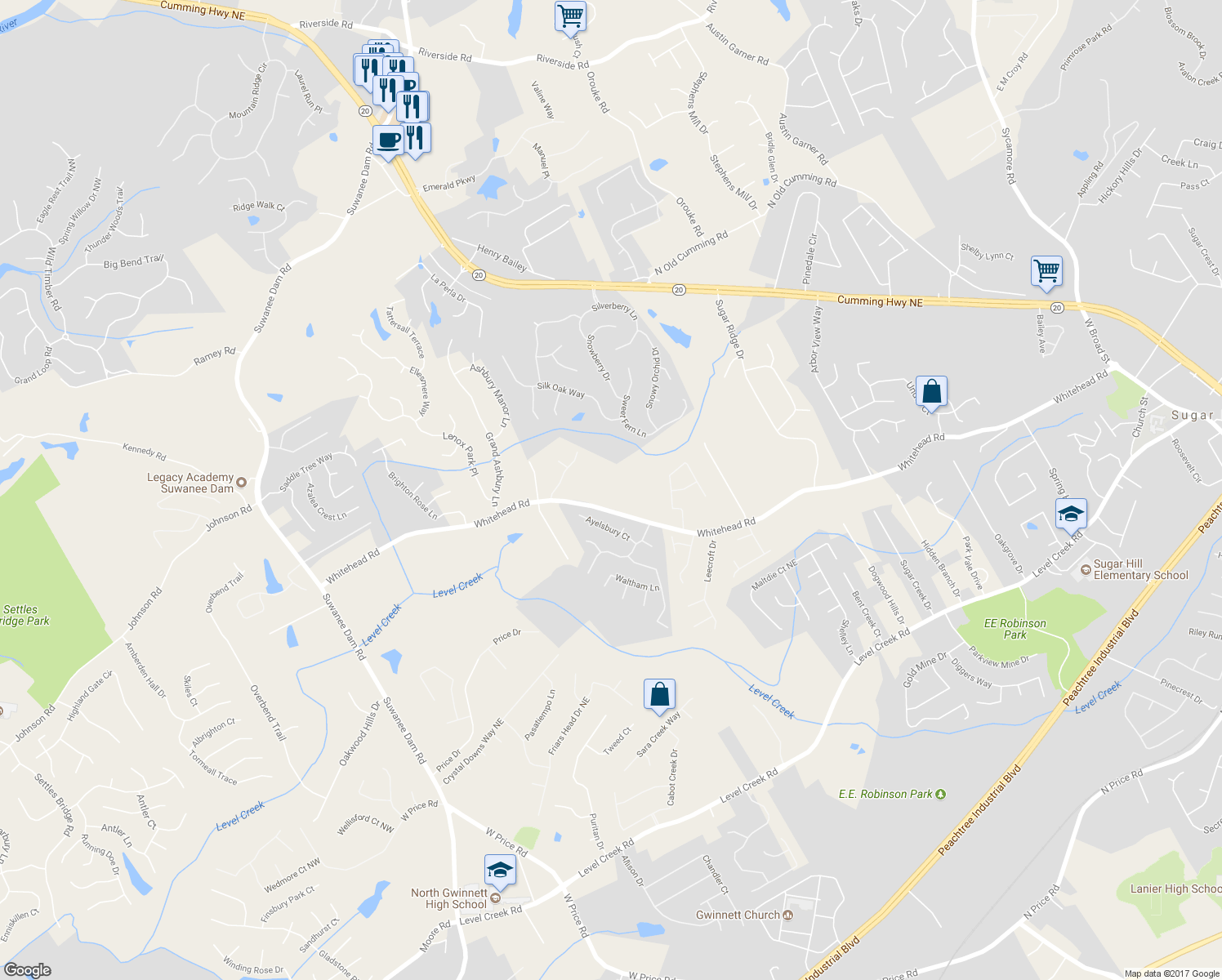 map of restaurants, bars, coffee shops, grocery stores, and more near 428 Whitehead Road in Sugar Hill