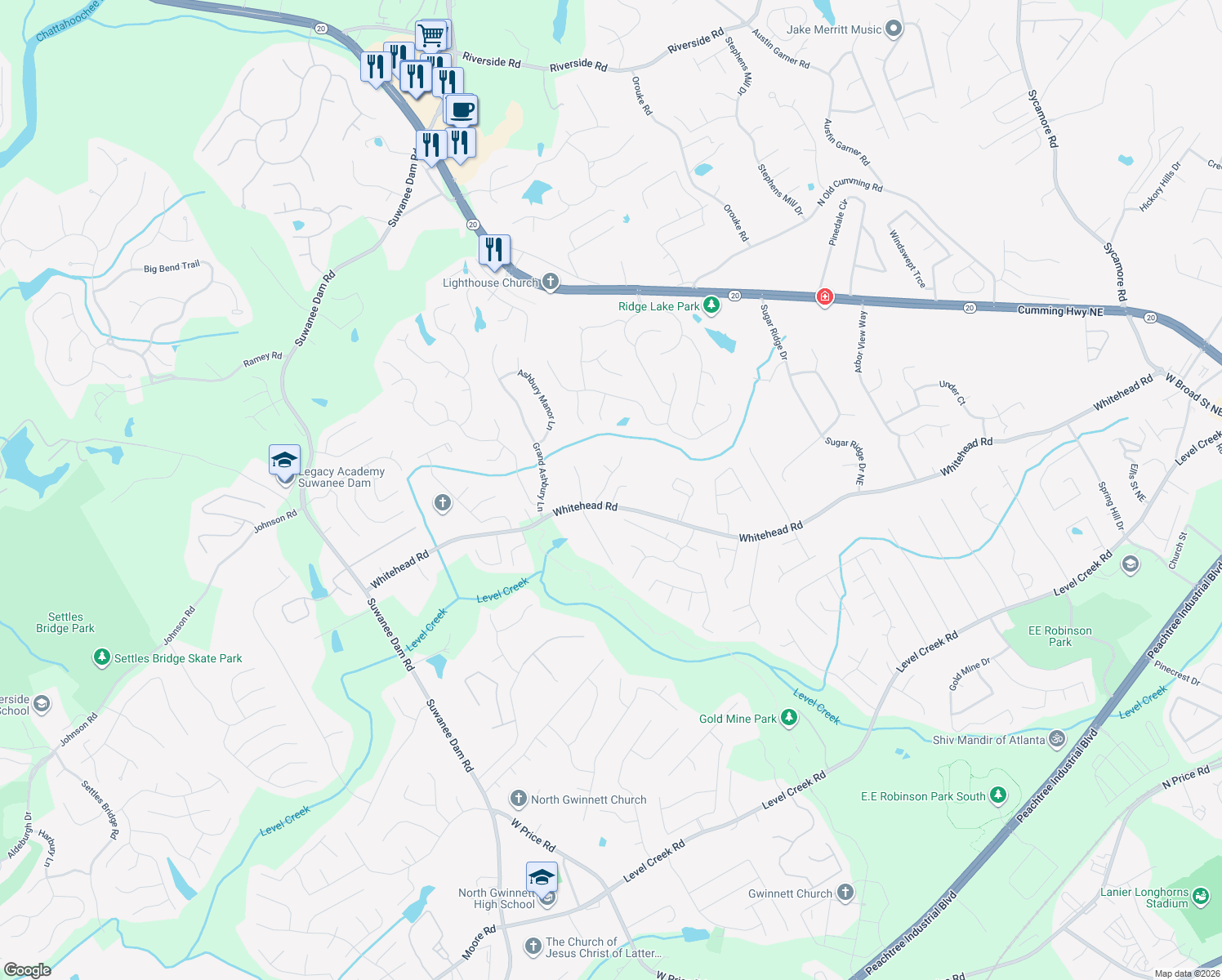 map of restaurants, bars, coffee shops, grocery stores, and more near 5340 Lexington View Place in Sugar Hill