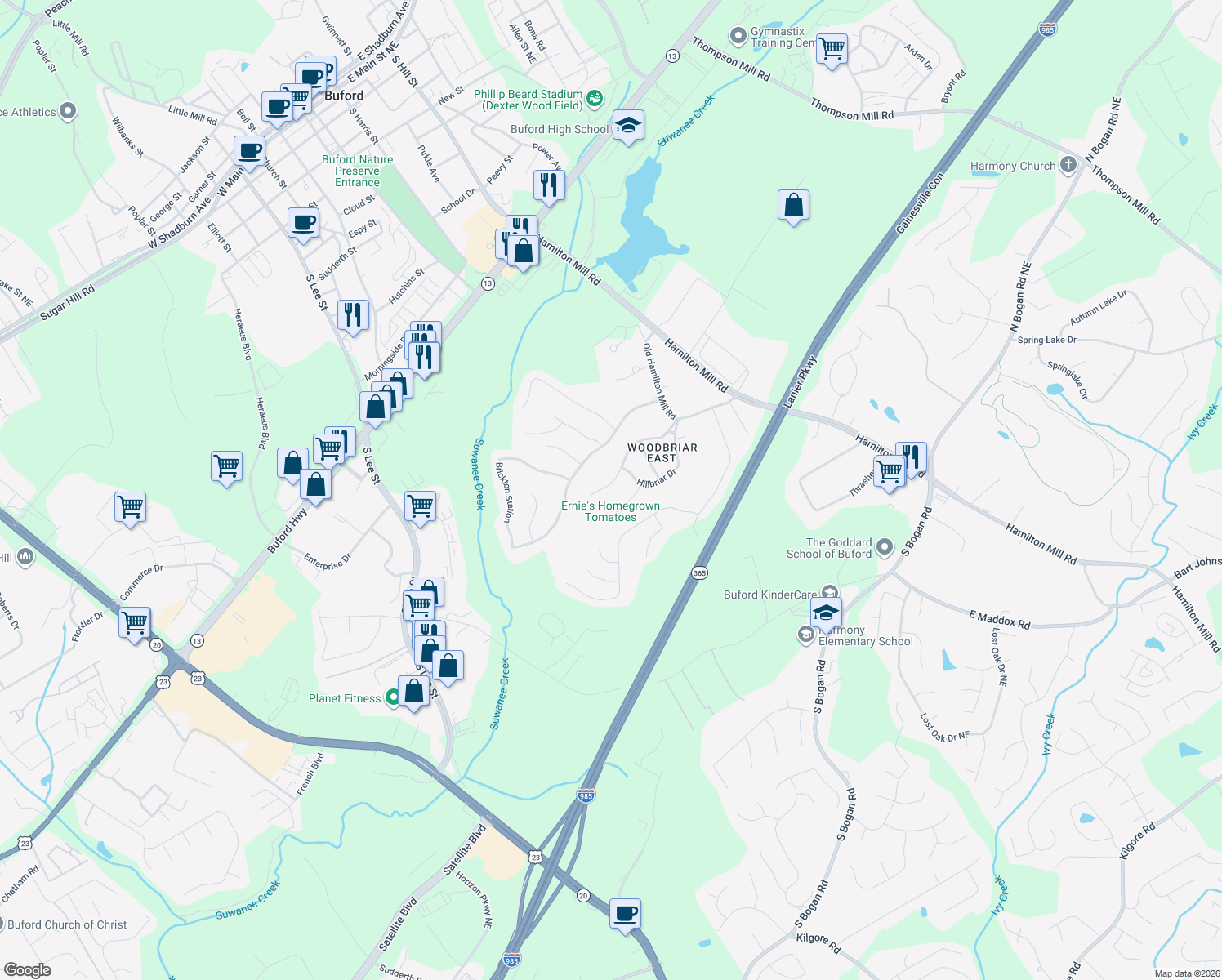 map of restaurants, bars, coffee shops, grocery stores, and more near 2197 Woodbriar Drive in Buford