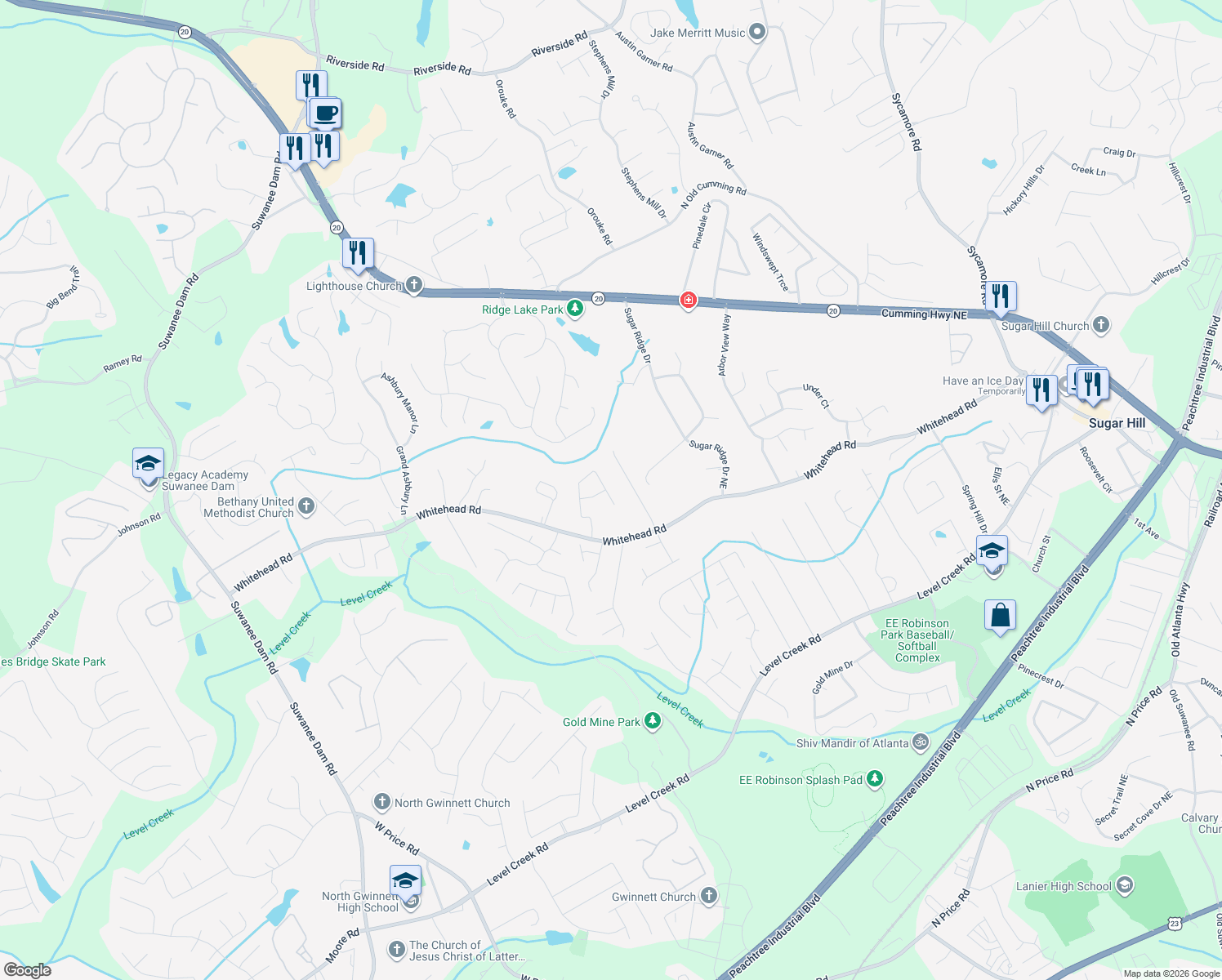 map of restaurants, bars, coffee shops, grocery stores, and more near 5518 Silver Springs Drive in Sugar Hill