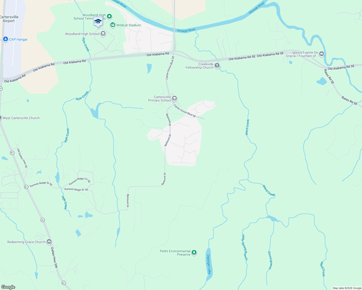 map of restaurants, bars, coffee shops, grocery stores, and more near 16 Autumn Wood Drive in Cartersville