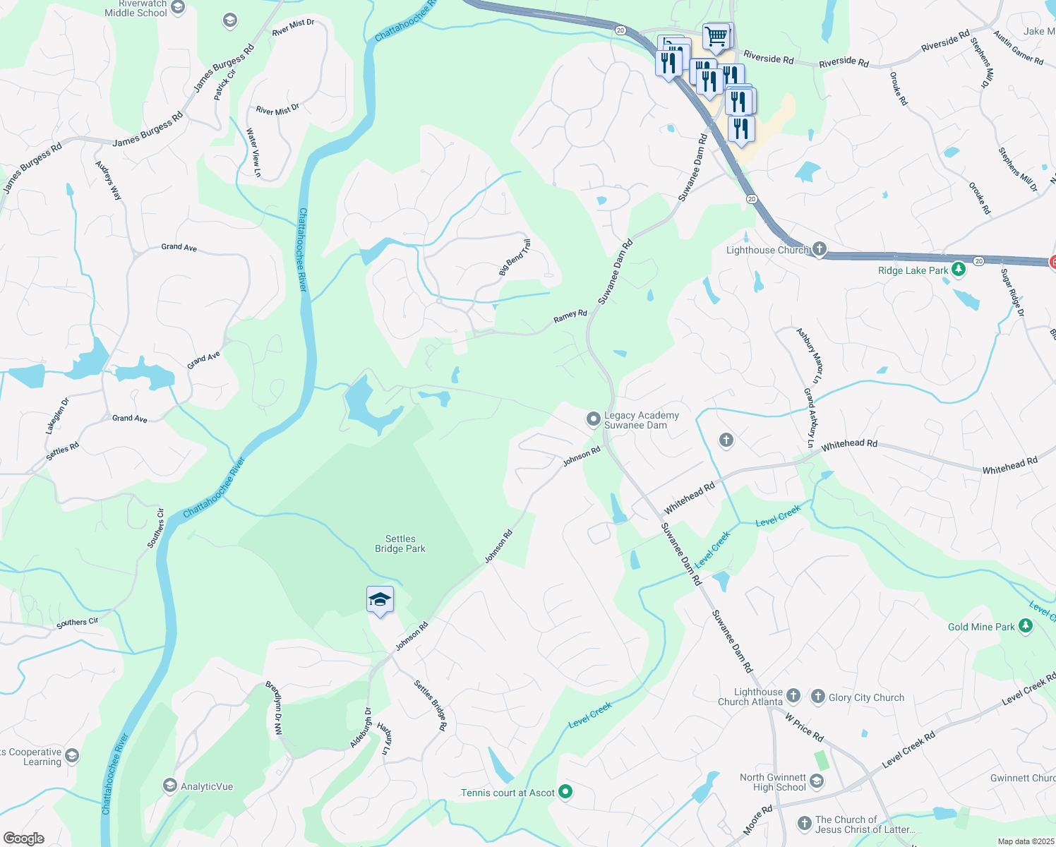 map of restaurants, bars, coffee shops, grocery stores, and more near 5686 Kennedy Road in Suwanee