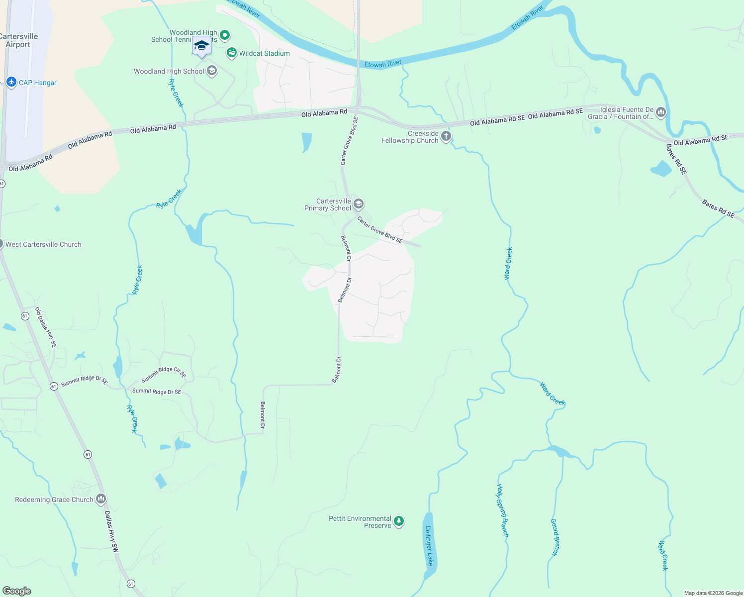 map of restaurants, bars, coffee shops, grocery stores, and more near 16 Autumn Wood Drive in Cartersville