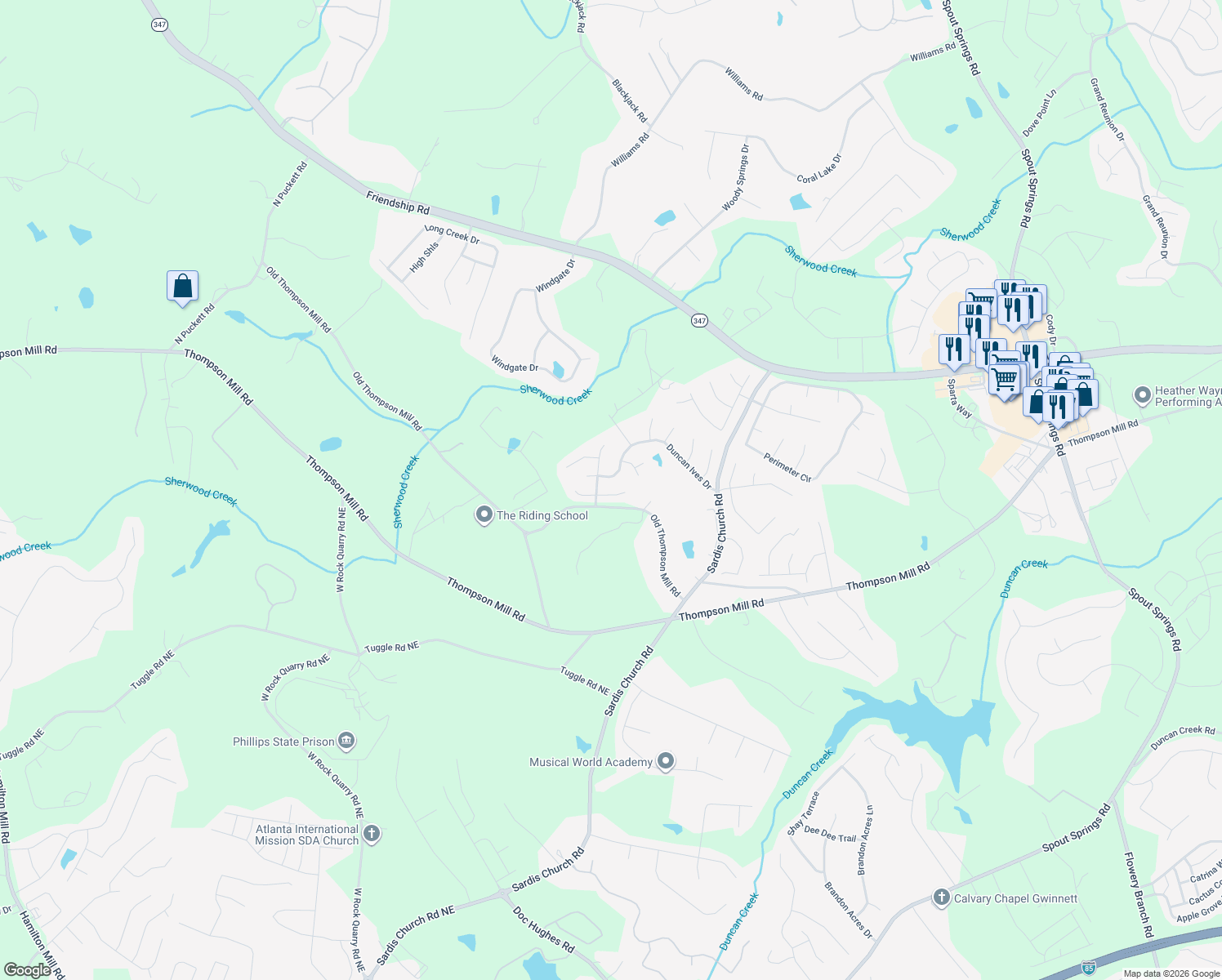 map of restaurants, bars, coffee shops, grocery stores, and more near 4512 Keenly Valley Drive Northeast in Buford