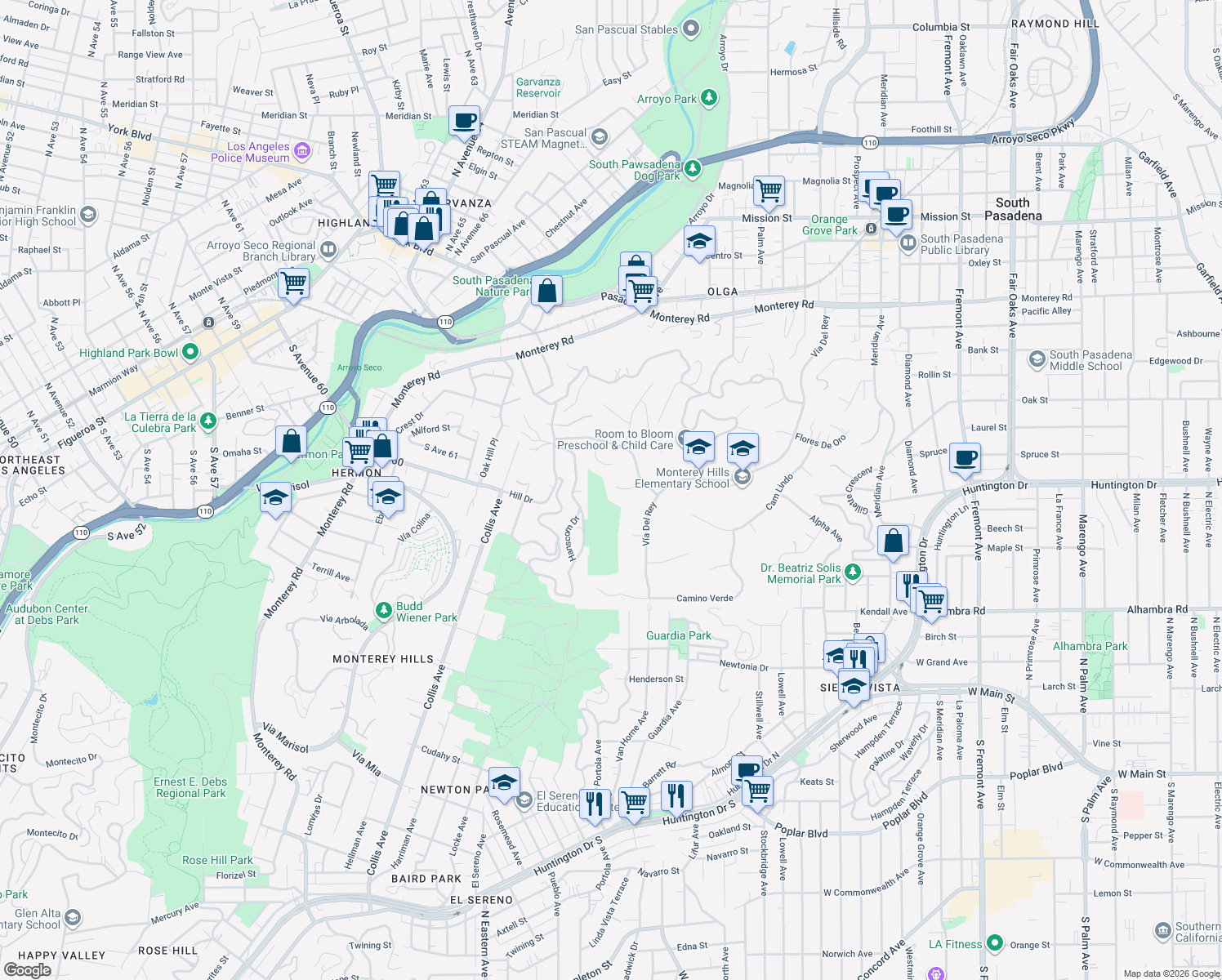 map of restaurants, bars, coffee shops, grocery stores, and more near 1848 La Manzanita Street in South Pasadena