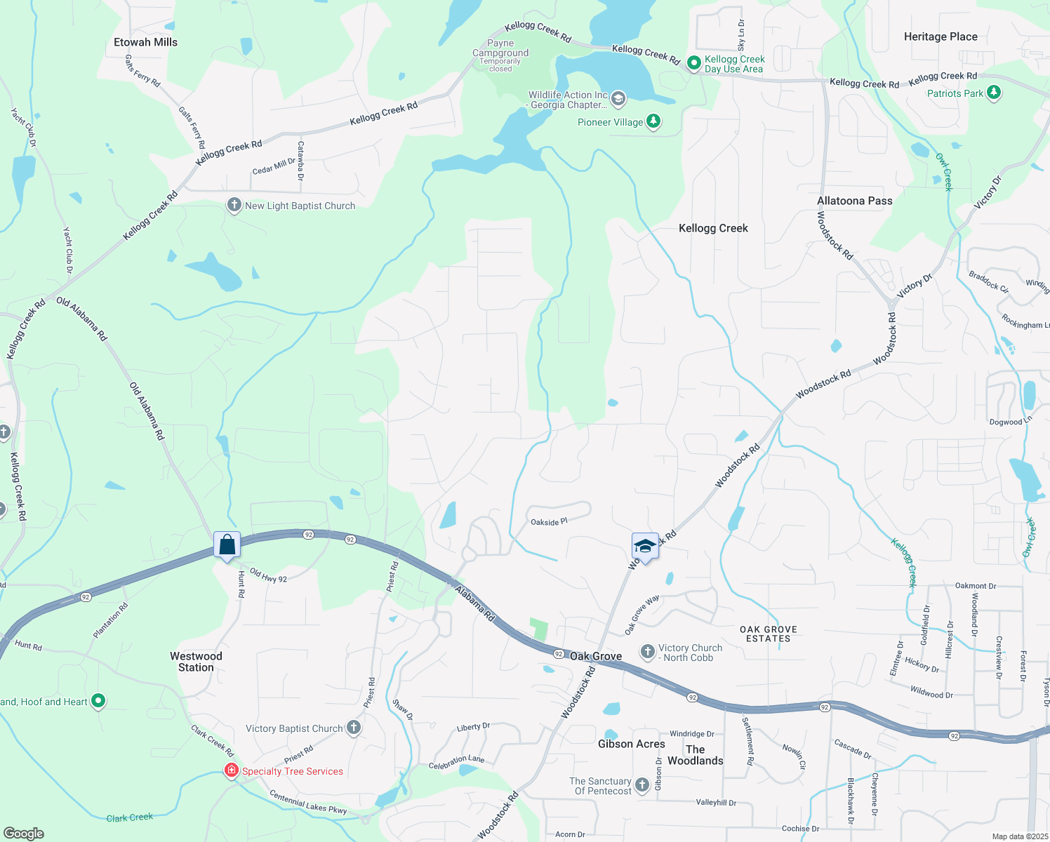 map of restaurants, bars, coffee shops, grocery stores, and more near 2302 Westland Mill in Acworth
