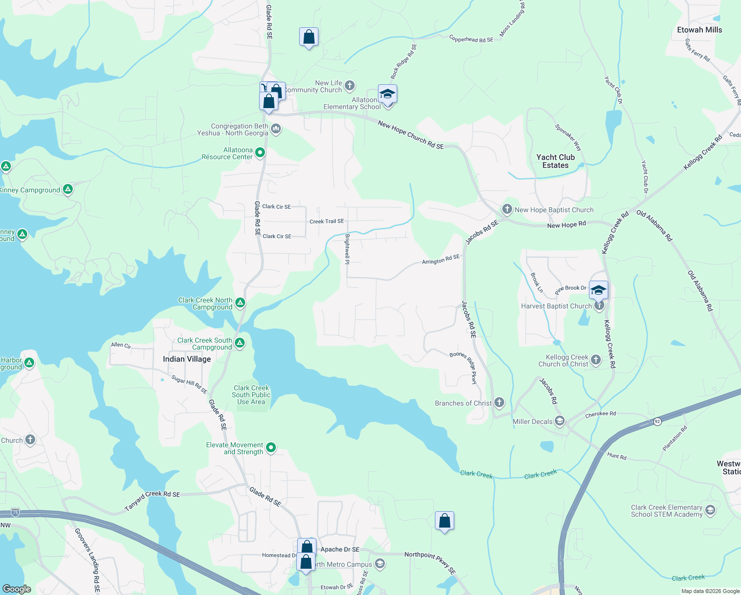 map of restaurants, bars, coffee shops, grocery stores, and more near 6231 Emerald Springs Drive Southeast in Acworth