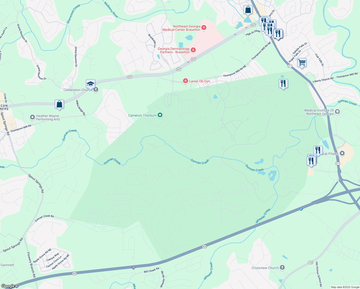 map of restaurants, bars, coffee shops, grocery stores, and more near 5844 Yoshino Cherry Lane Northeast in Braselton