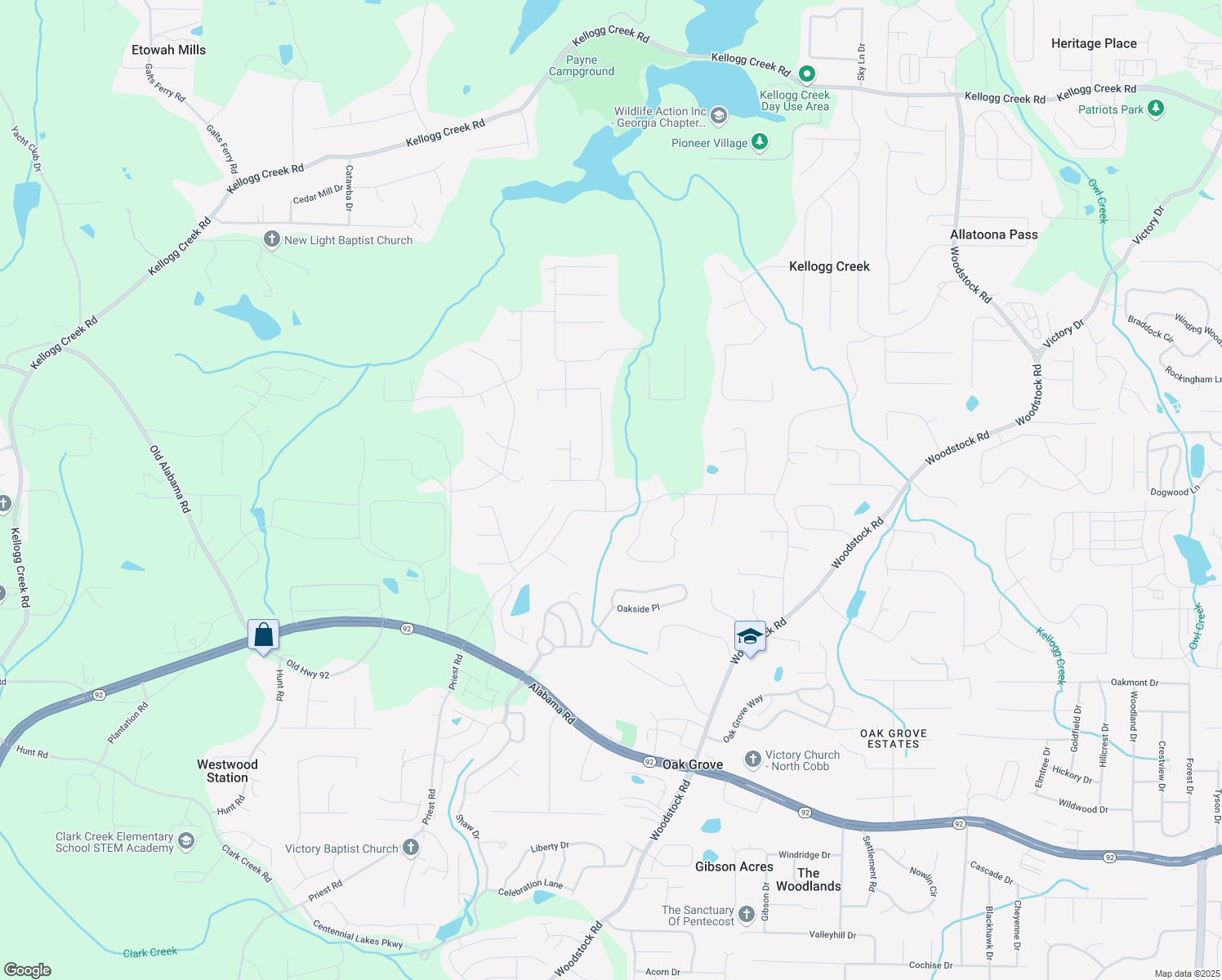 map of restaurants, bars, coffee shops, grocery stores, and more near 2302 Westland Mill in Acworth
