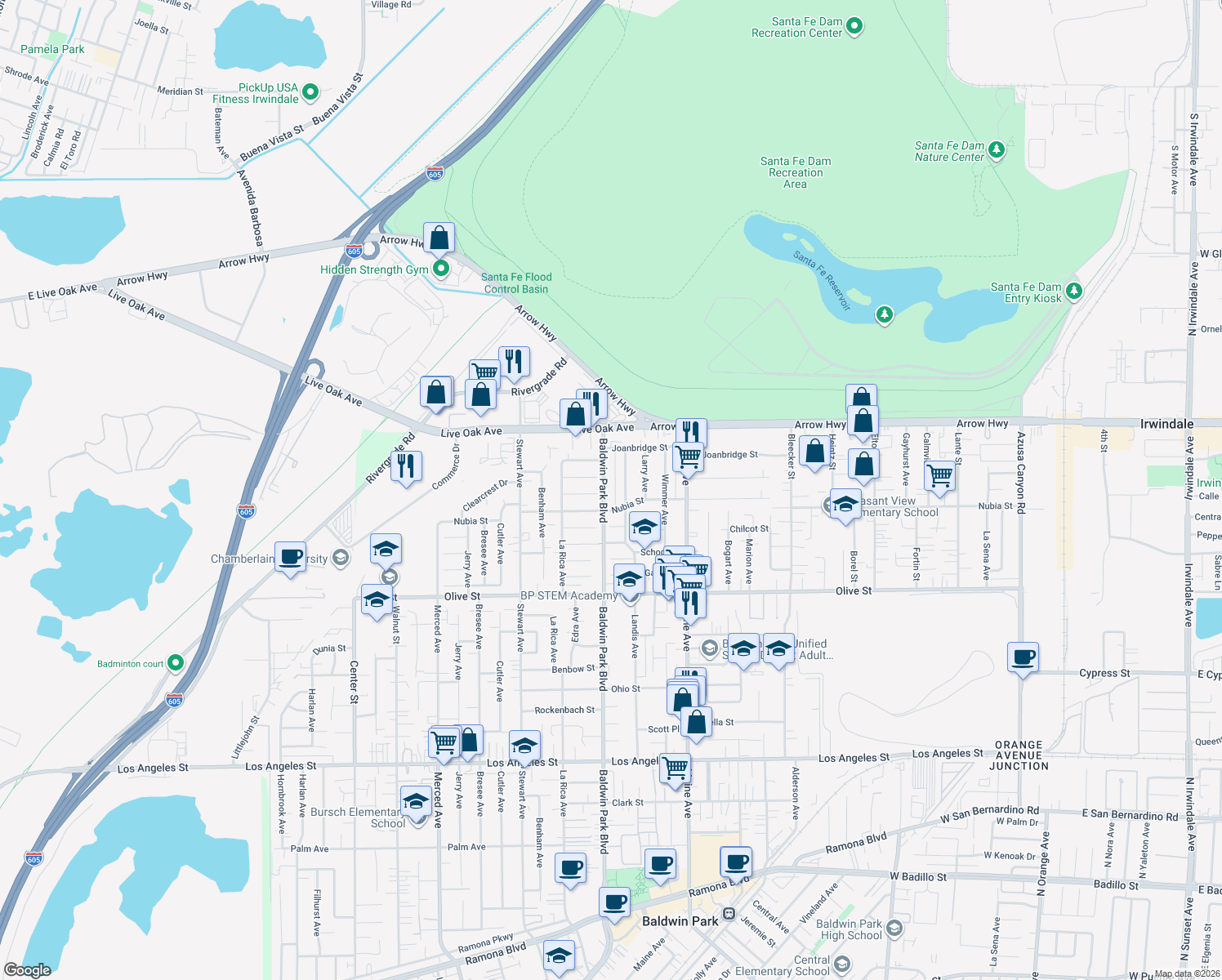 map of restaurants, bars, coffee shops, grocery stores, and more near 5030 Baldwin Park Boulevard in Baldwin Park
