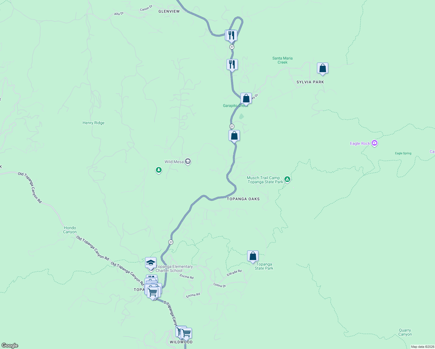 map of restaurants, bars, coffee shops, grocery stores, and more near 21086 Summit Road in Topanga