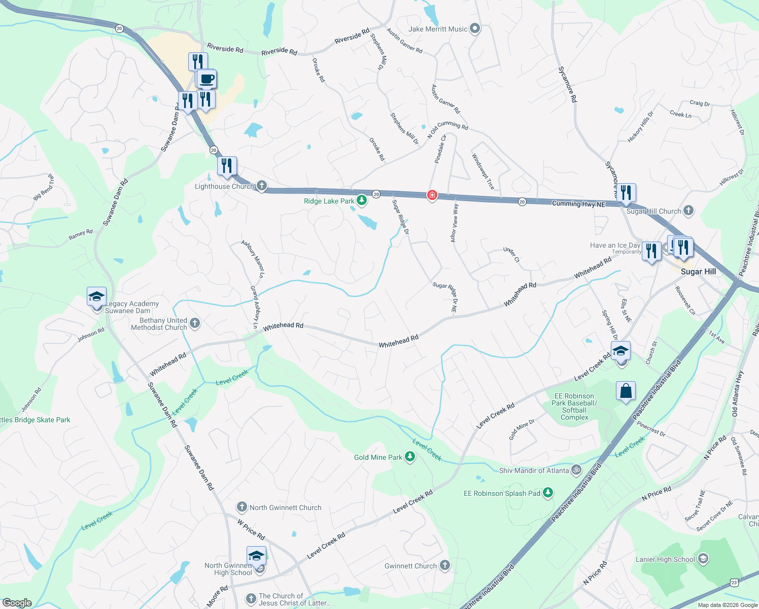 map of restaurants, bars, coffee shops, grocery stores, and more near 5478 Silver Springs Drive in Sugar Hill