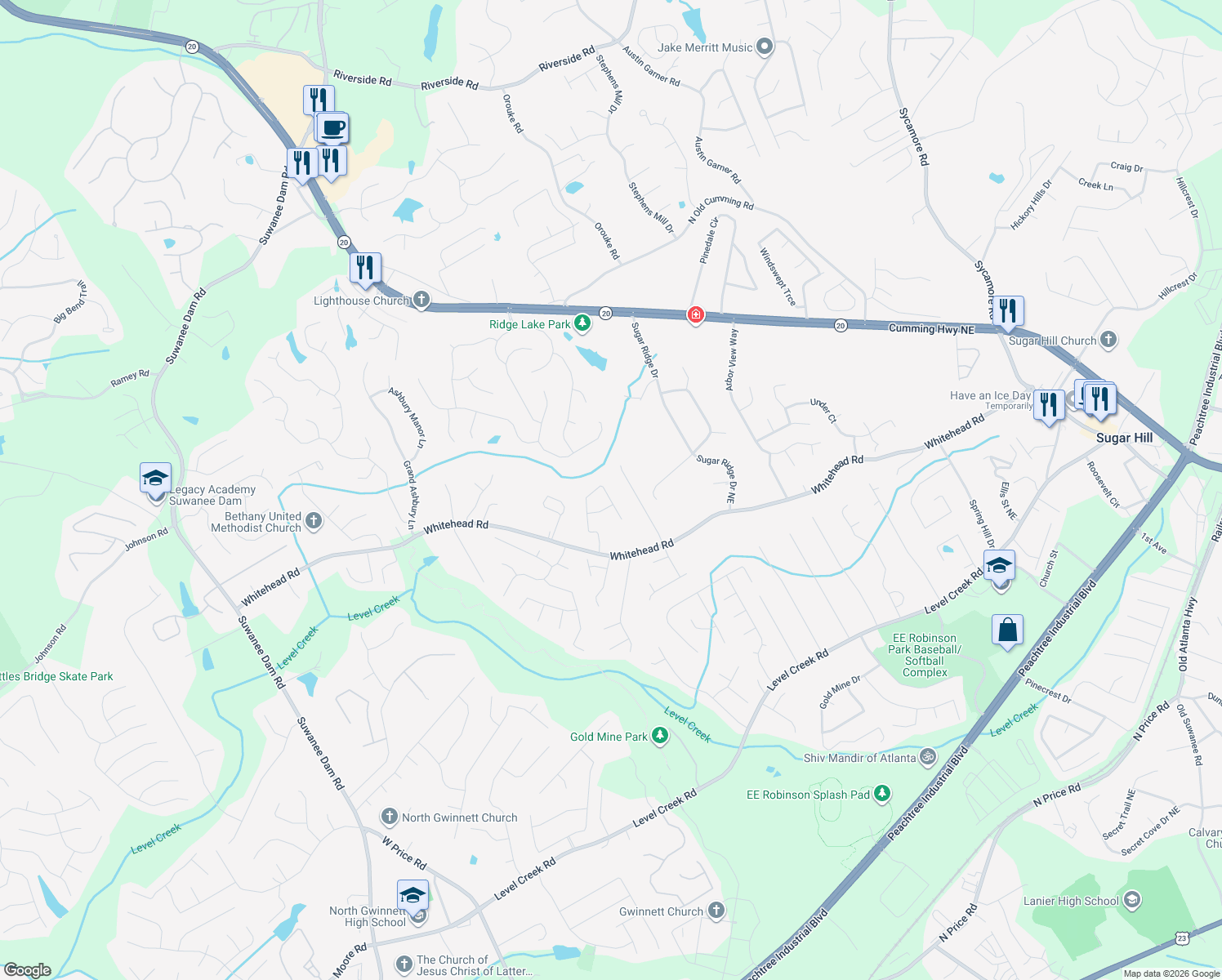 map of restaurants, bars, coffee shops, grocery stores, and more near 5478 Silver Springs Drive in Sugar Hill