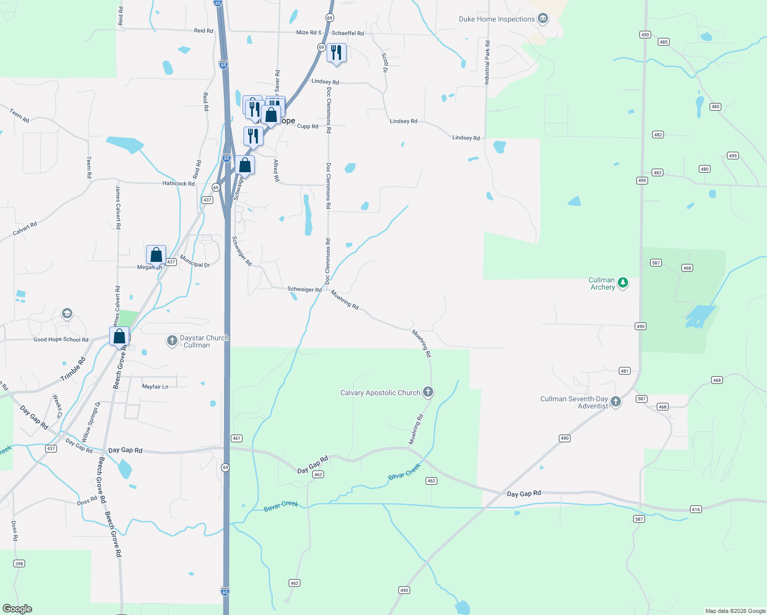 map of restaurants, bars, coffee shops, grocery stores, and more near 526 Moehring Road in Good Hope