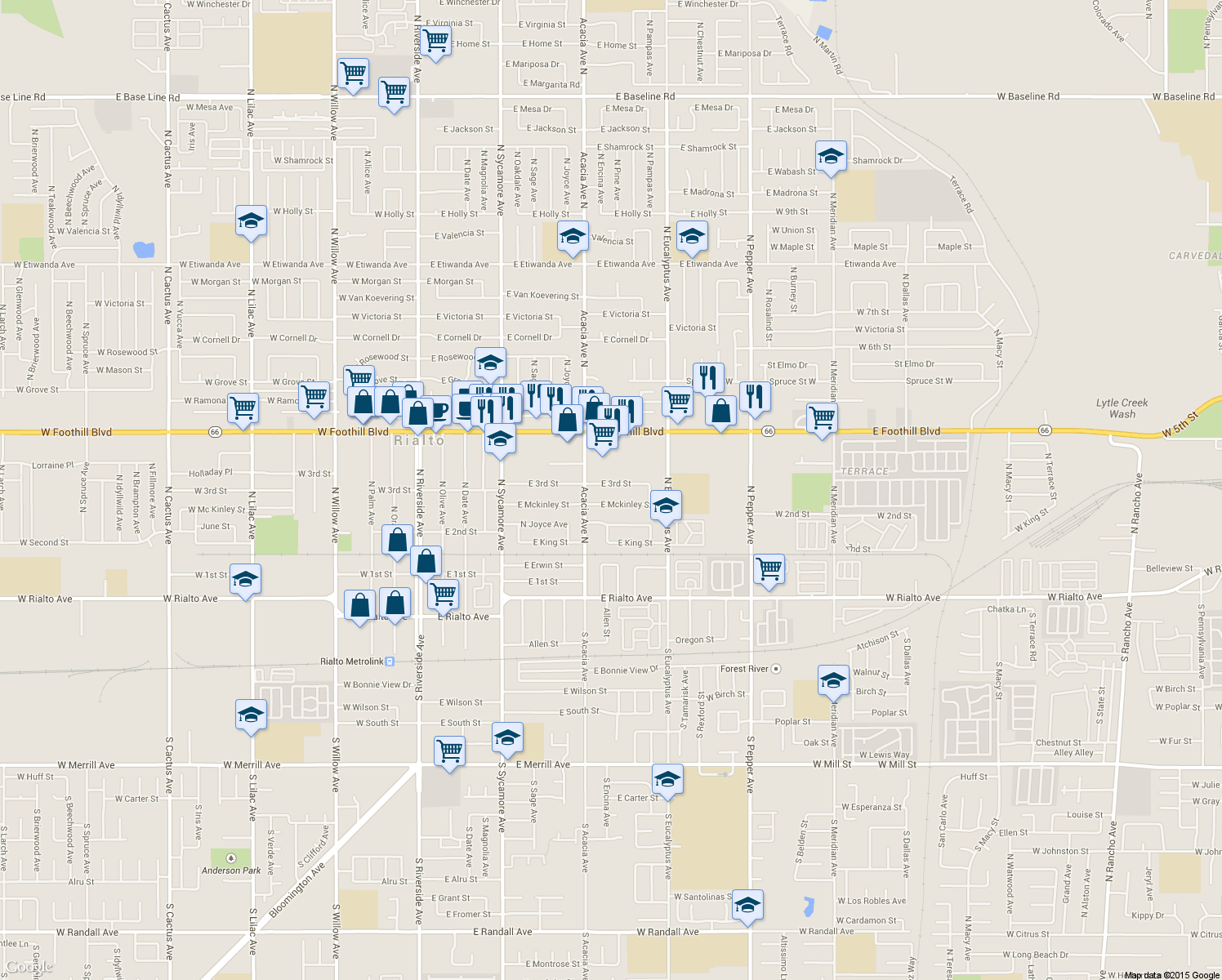 map of restaurants, bars, coffee shops, grocery stores, and more near 537 East 3rd Street in Rialto