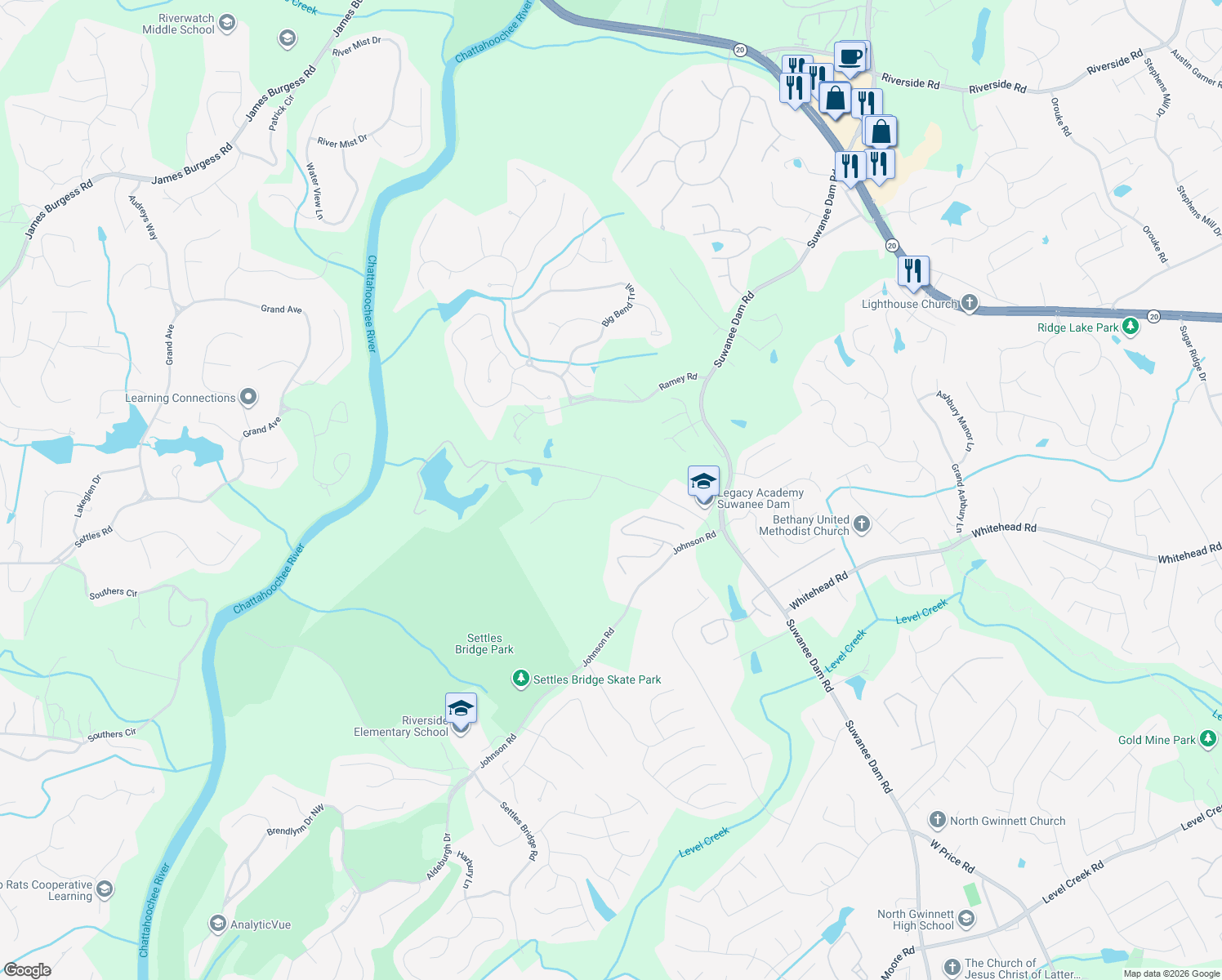 map of restaurants, bars, coffee shops, grocery stores, and more near 5616 Kennedy Road in Suwanee