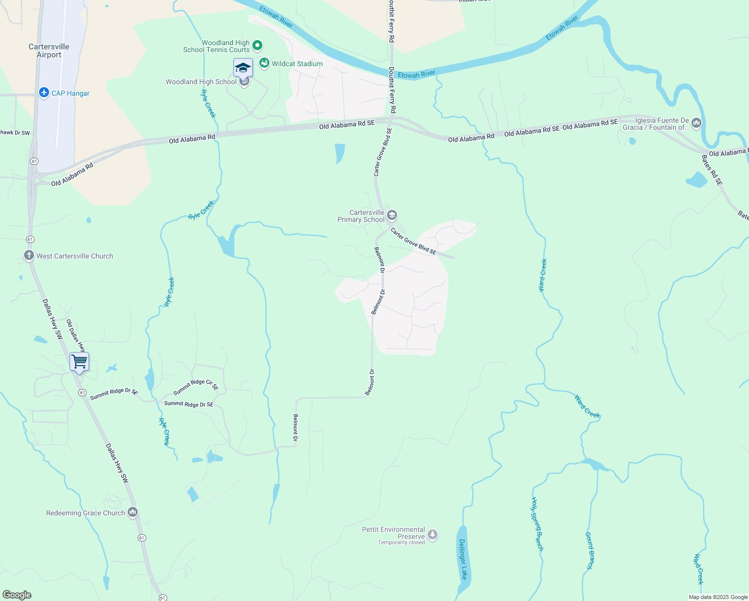 map of restaurants, bars, coffee shops, grocery stores, and more near 217 Belmont Drive in Cartersville