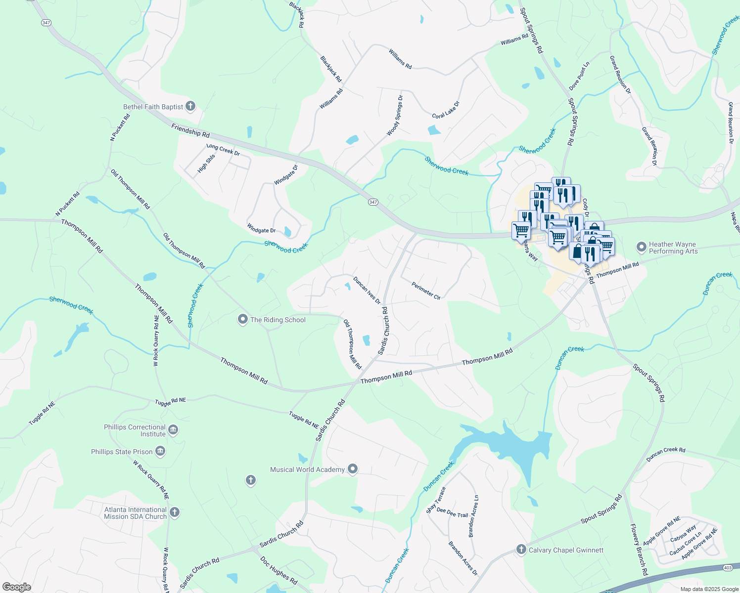 map of restaurants, bars, coffee shops, grocery stores, and more near 4169 Duncan Ives Drive in Buford